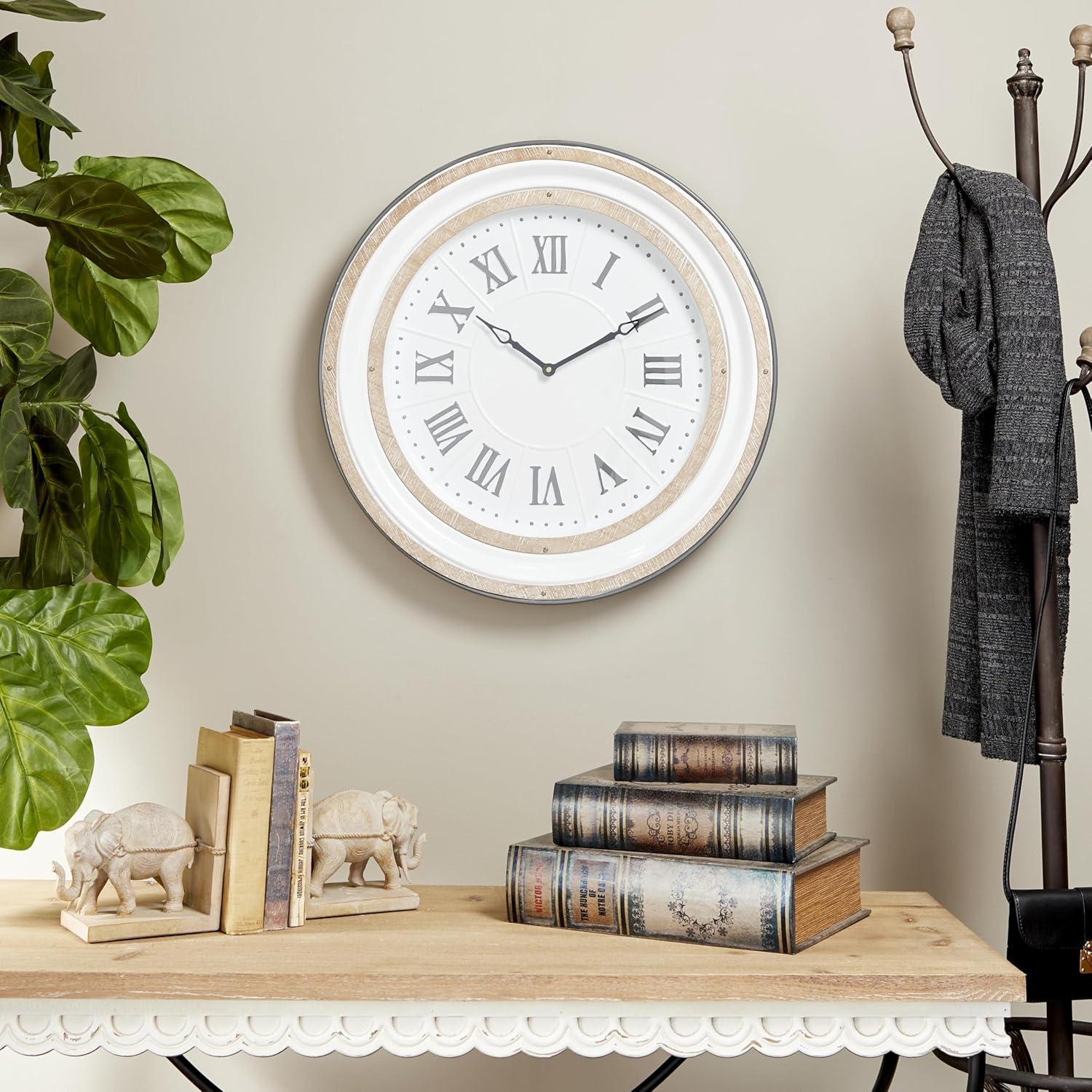 Farmhouse Metal Vintage Wall Clock White - Olivia & May: Silent Mechanism, 24" Size, Round Shape