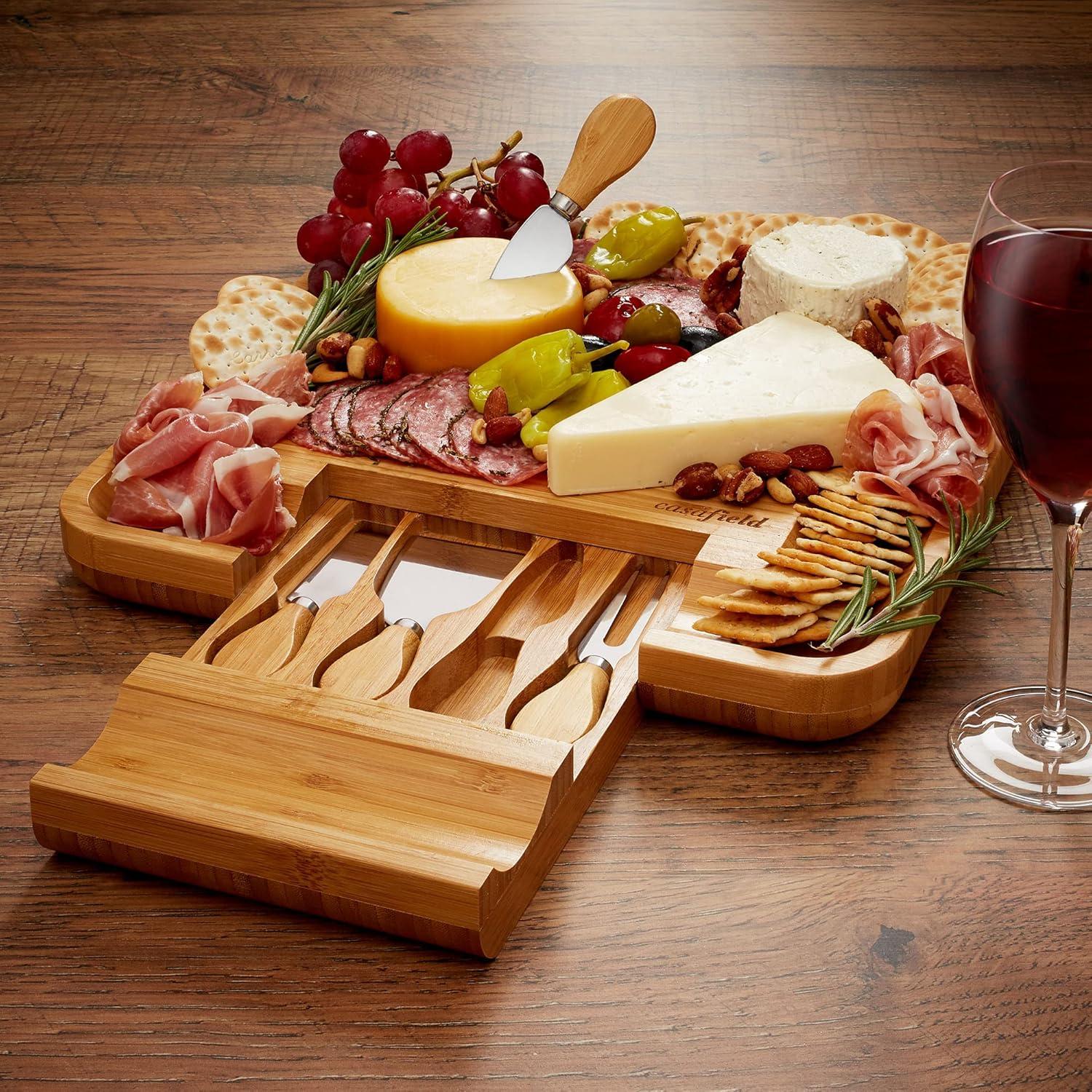 Casafield Bamboo Cheese Cutting Board & 4pc Knife Gift Set - Wooden Charcuterie Serving Tray for Cheese, Meat, Fruit & Crackers