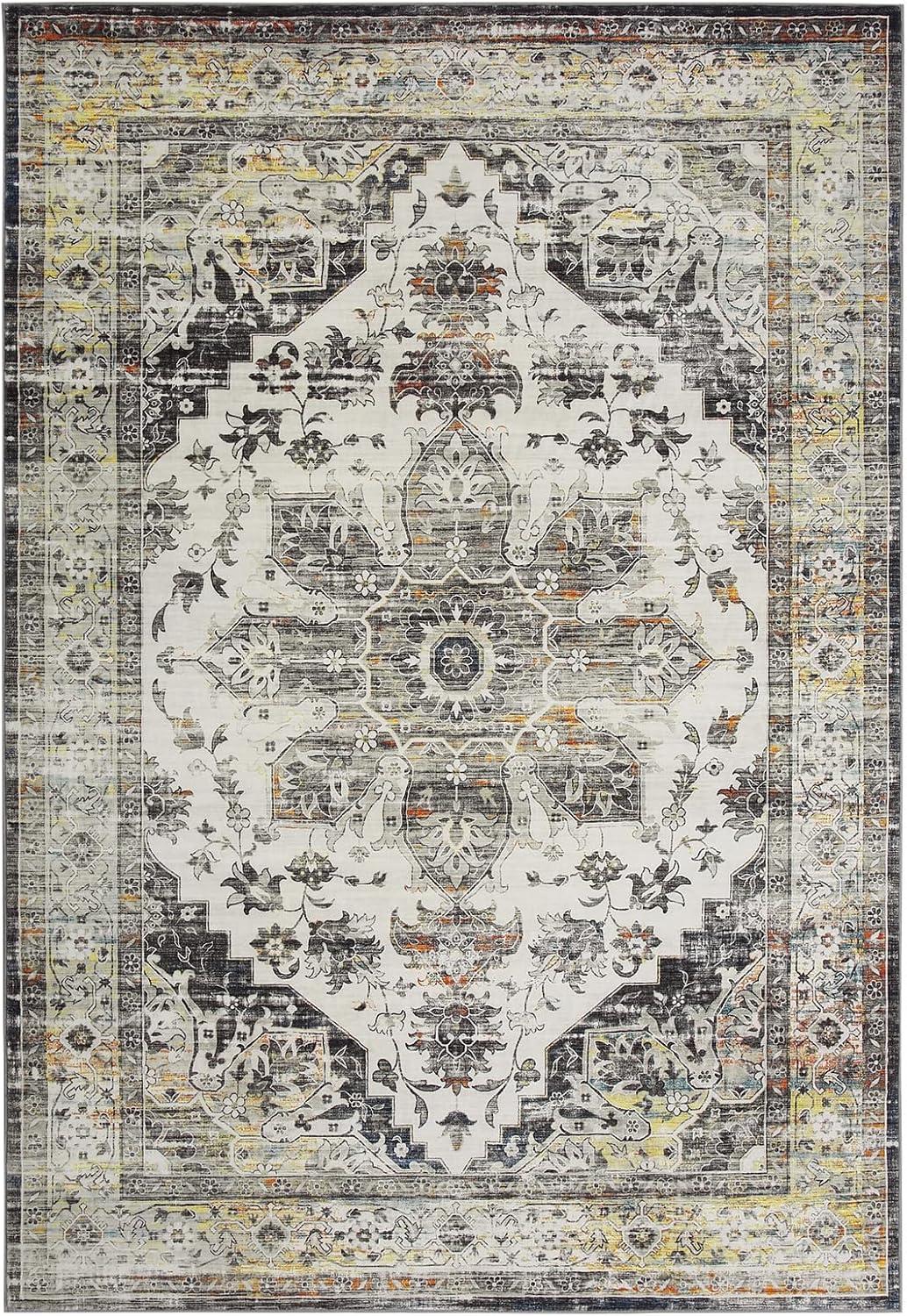 Garvee 9' x 12' Large Rug Vintage Persian Area Rugs Distressed Print Carpet Floral Pattern Rug No-Slip Low Pile Rug Living Room Bedroom Rug, Gray