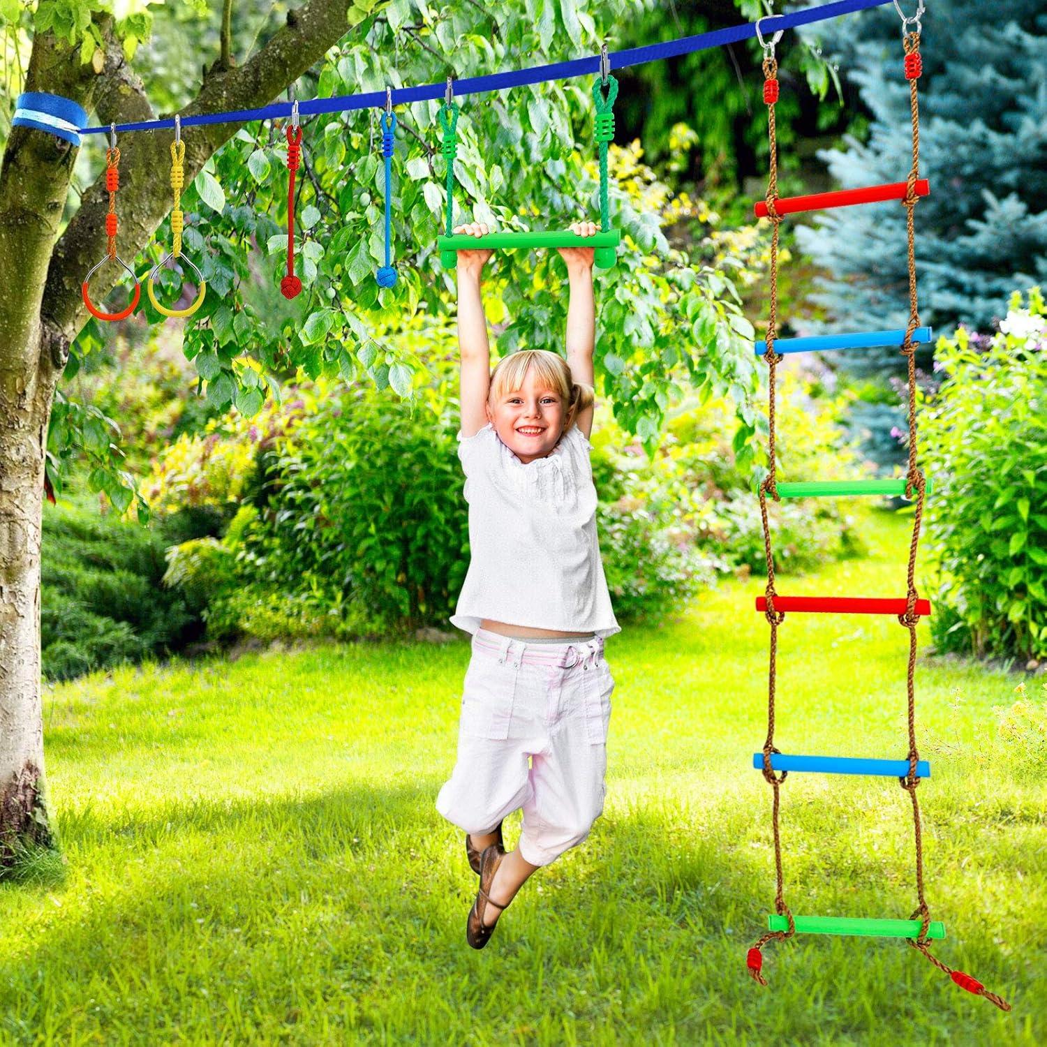 Ninja Warrior Obstacle Course Kit for Kids Ninja Slackline with 10 Accessories Monkey Bars, Ladder, Climbing Rope, Gym Rings, Swing, Monkey Fist for Backyard Training Equipment