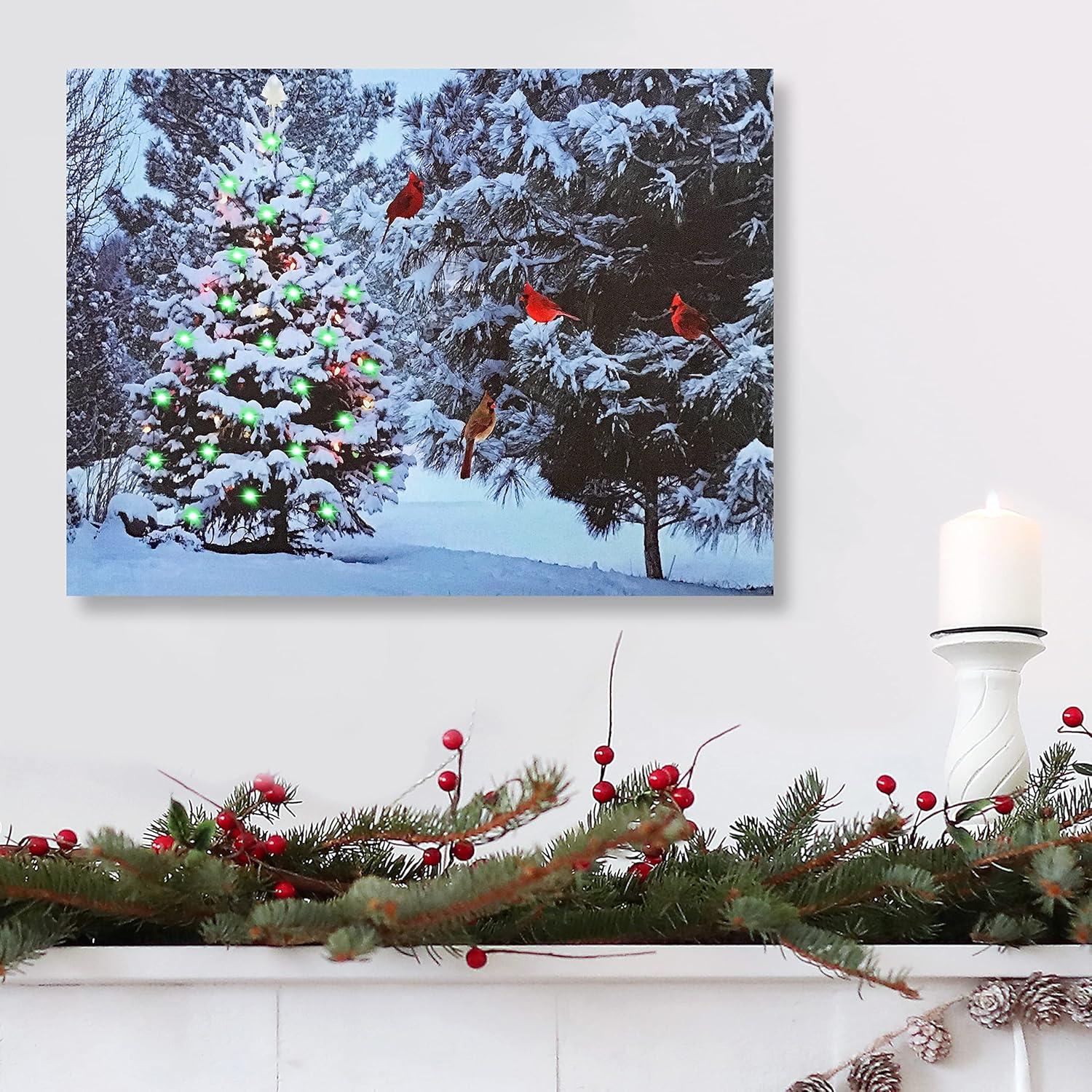 Christmas Tree & Cardinal Birds LED Canvas Print