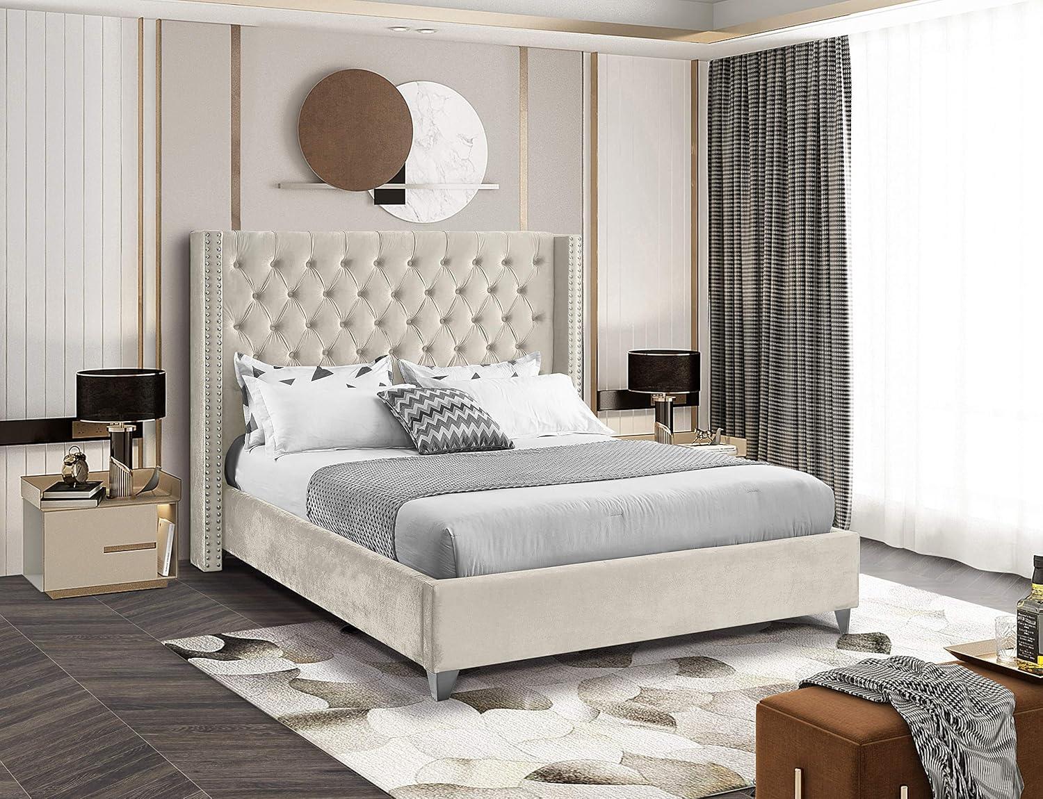 Meridian Furniture Aiden Queen Bed - Cream Velvet, Contemporary