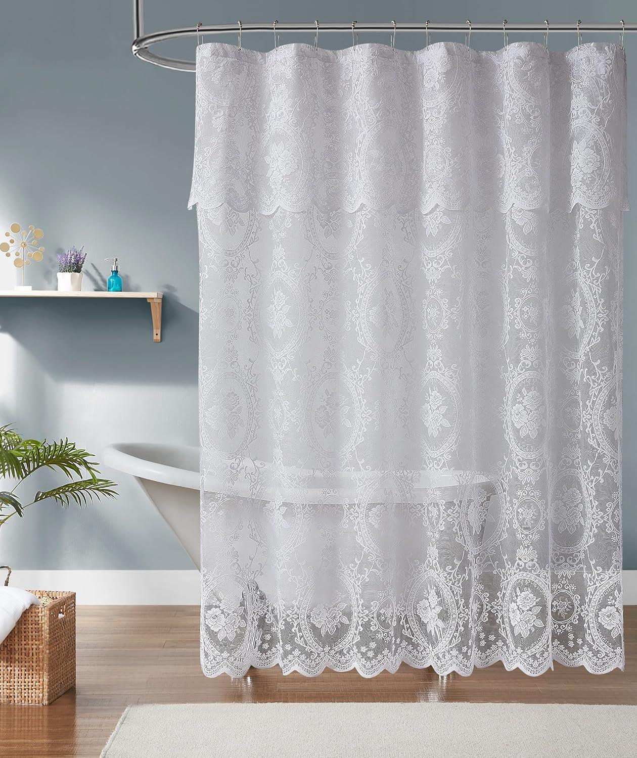 White Gothic Lace Fabric Shower Curtain with Valance