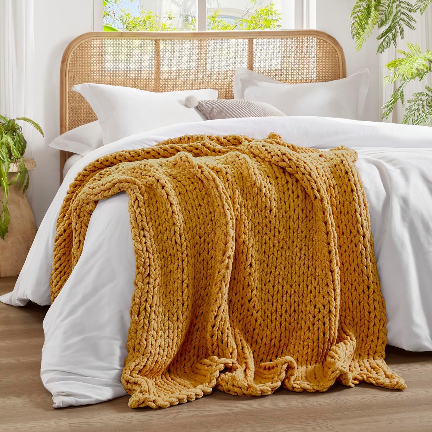 50"x60" Chunky Double Knit Handmade Throw Blanket Yellow - Madison Park: Cozy, Durable, All-Season