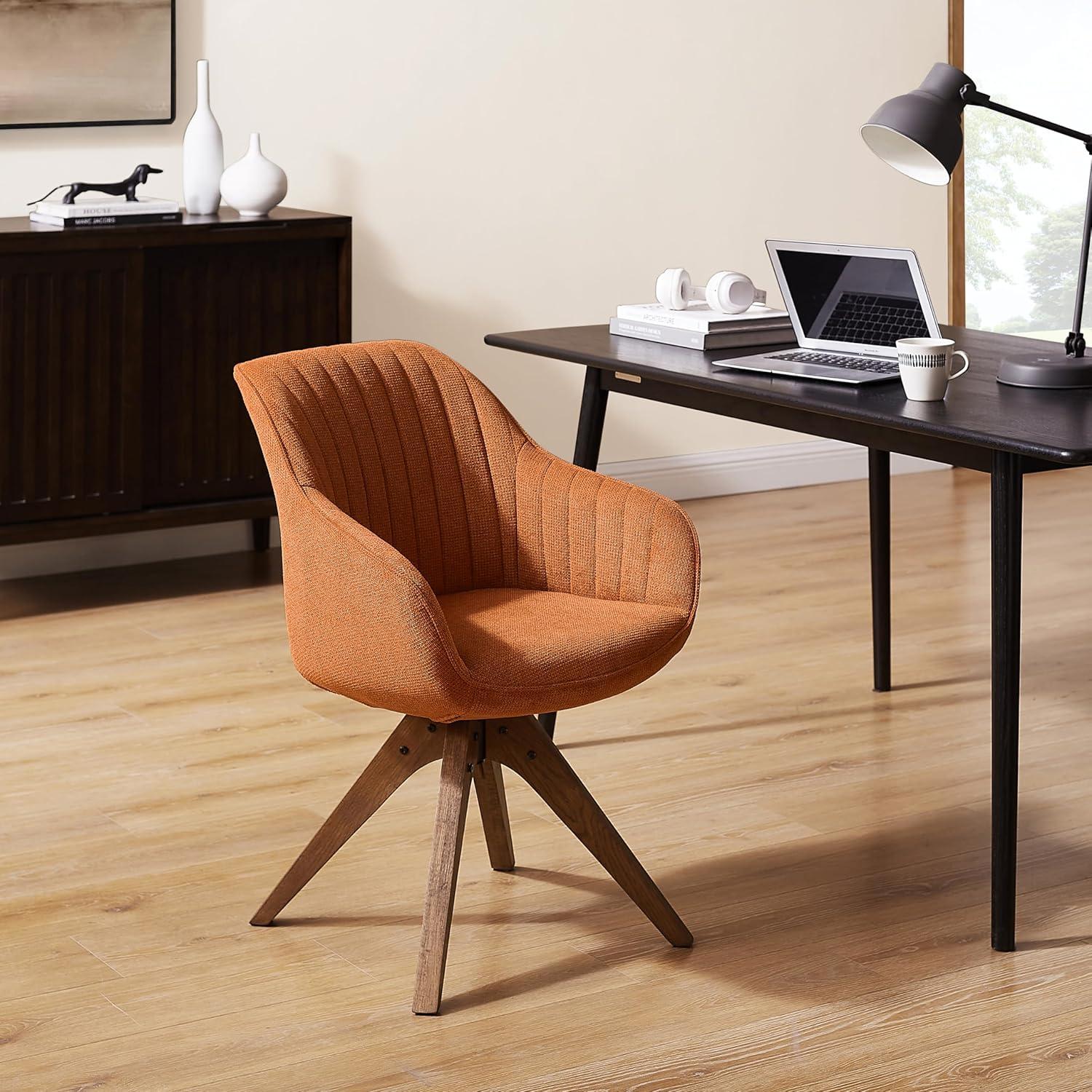 Off-White Fabric and Wood Swivel Accent Chair