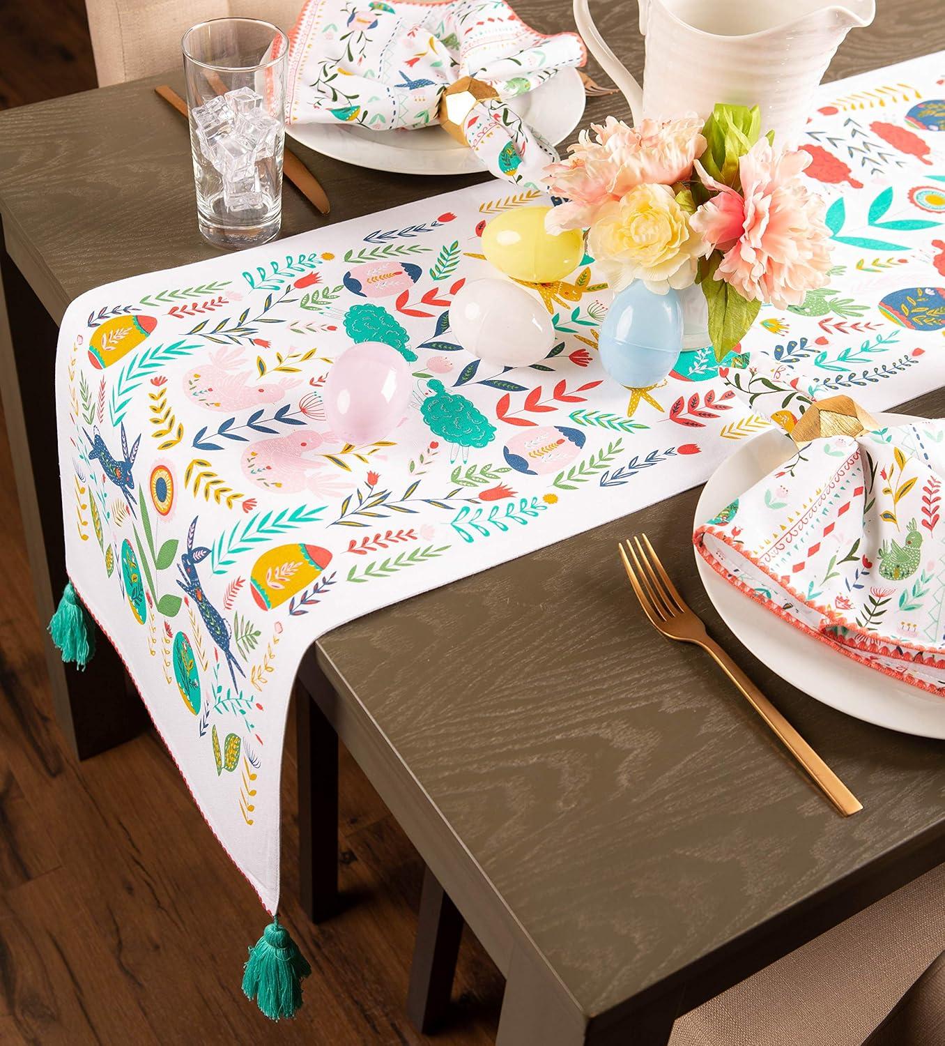 Colorful Cotton Animal Print Table Runner with Tassels