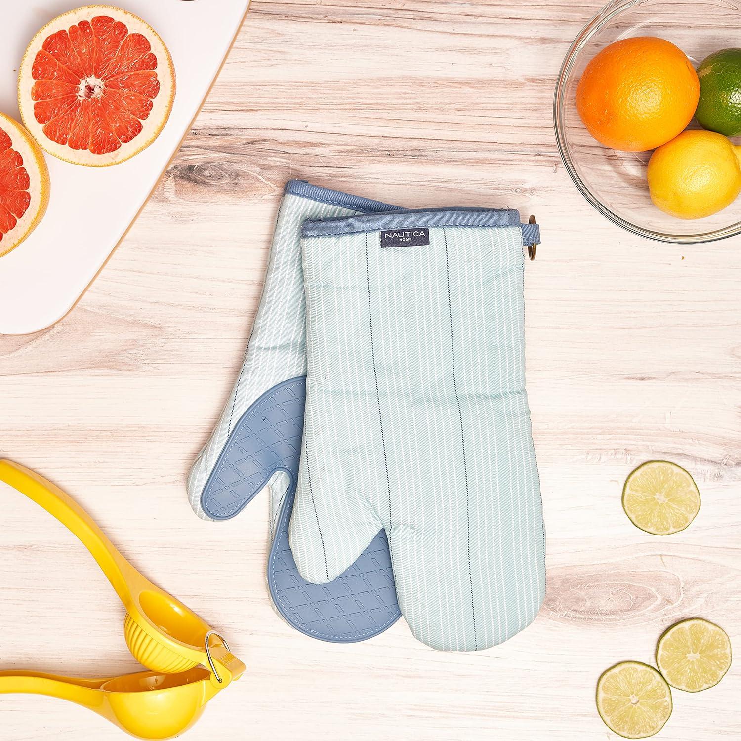 Light Blue Striped Cotton Oven Mitts with Silicone Palm