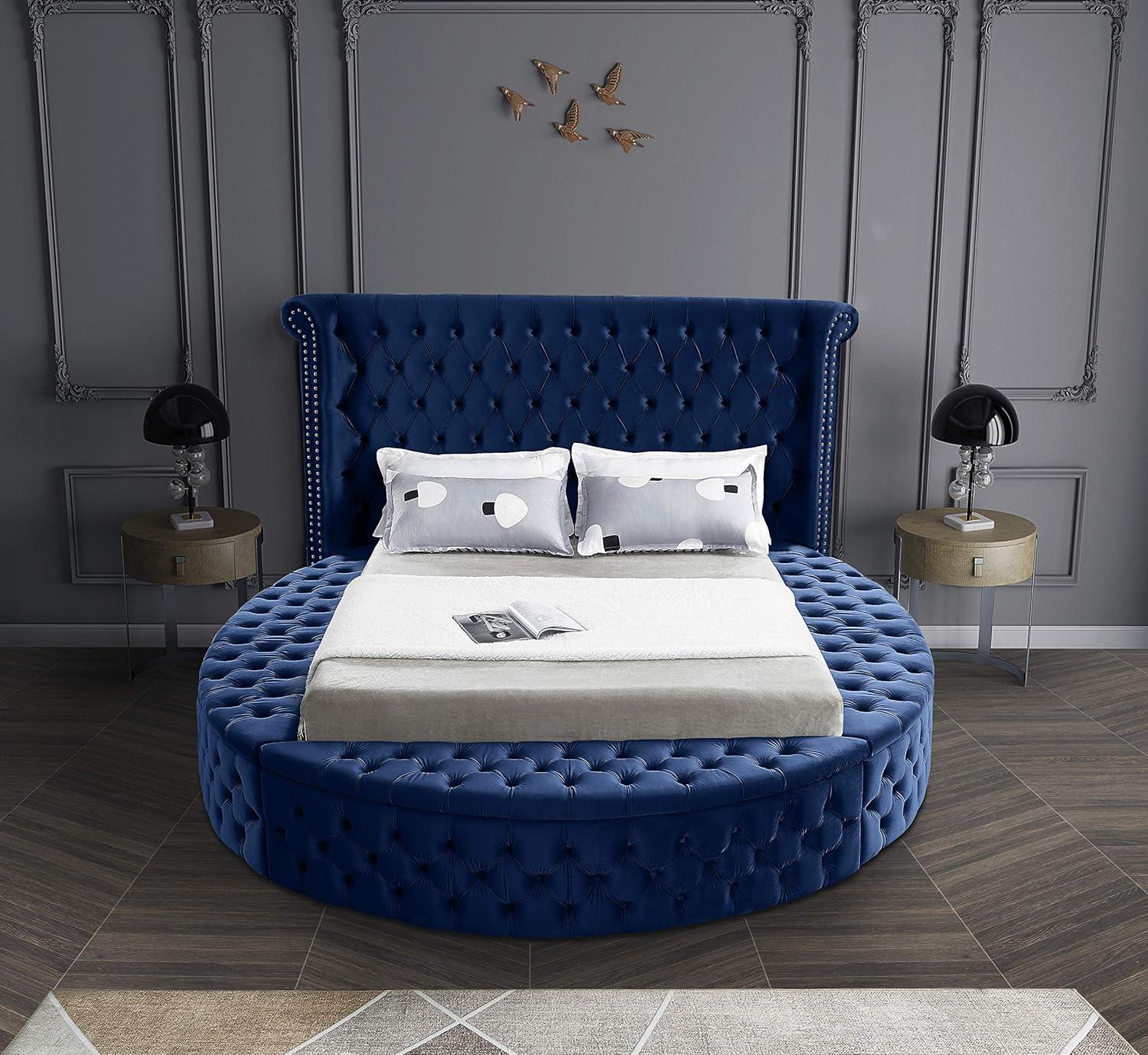 Luxus Navy Velvet Queen Bed with Tufted Upholstered Headboard