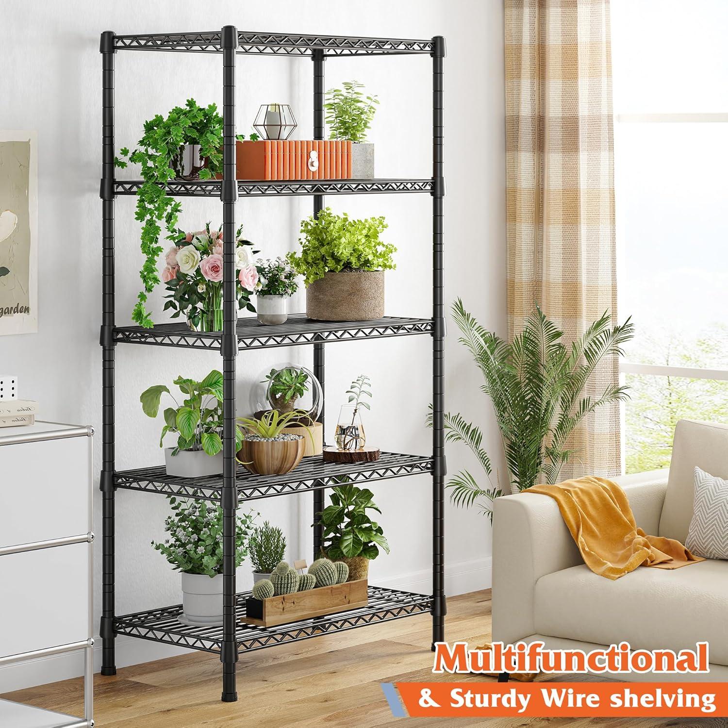 Black 5-Tier Adjustable Metal Wire Shelving Rack for Storage