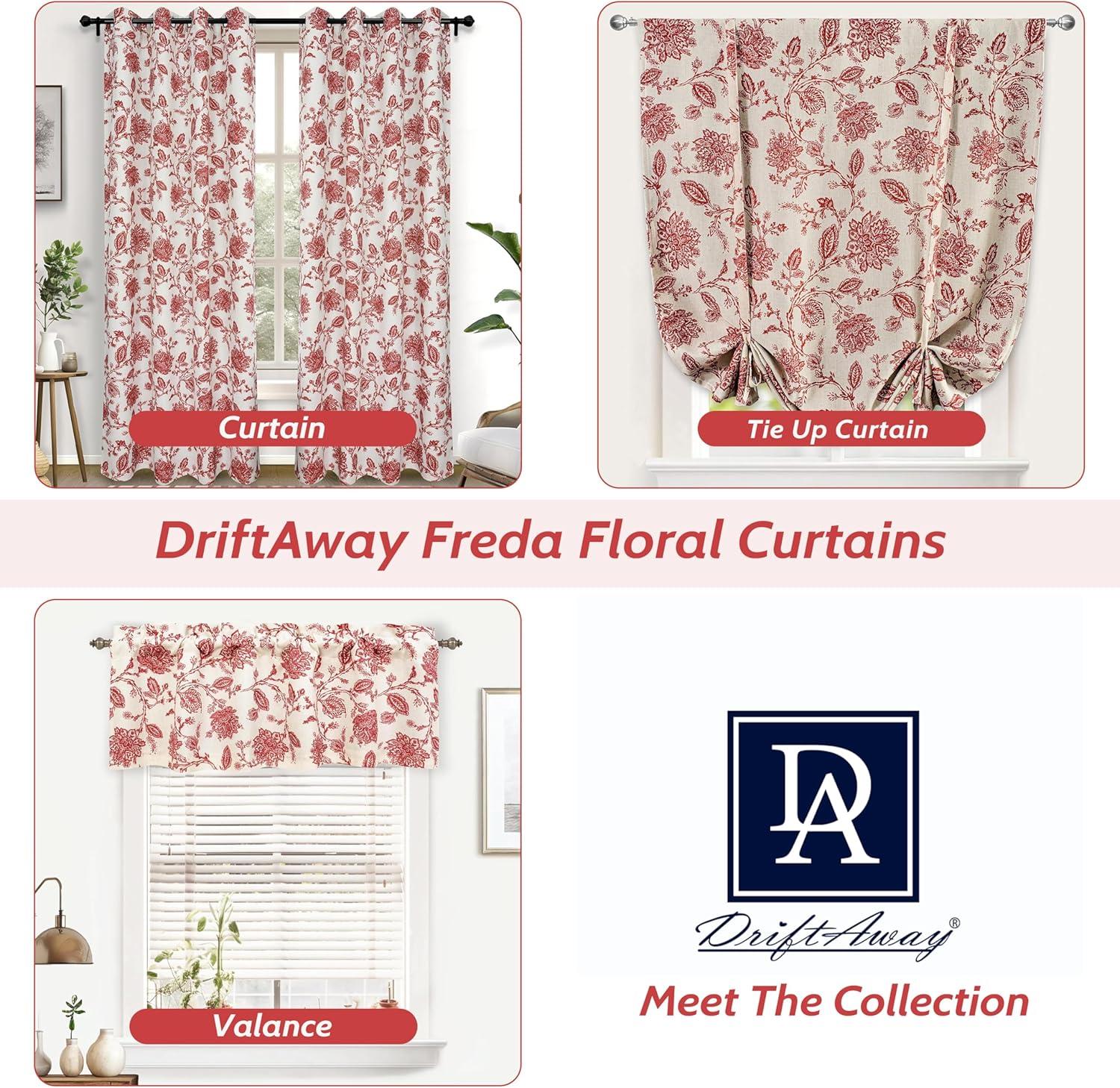 DriftAway Freda Jacobean Floral Linen Blend Blackout Thermal Insulated Energy Saving Privacy Window Curtain Valance Rod Pocket 2 Layers Single 52 Inch by 18 Inch plus 2 Inch Header Red Beige