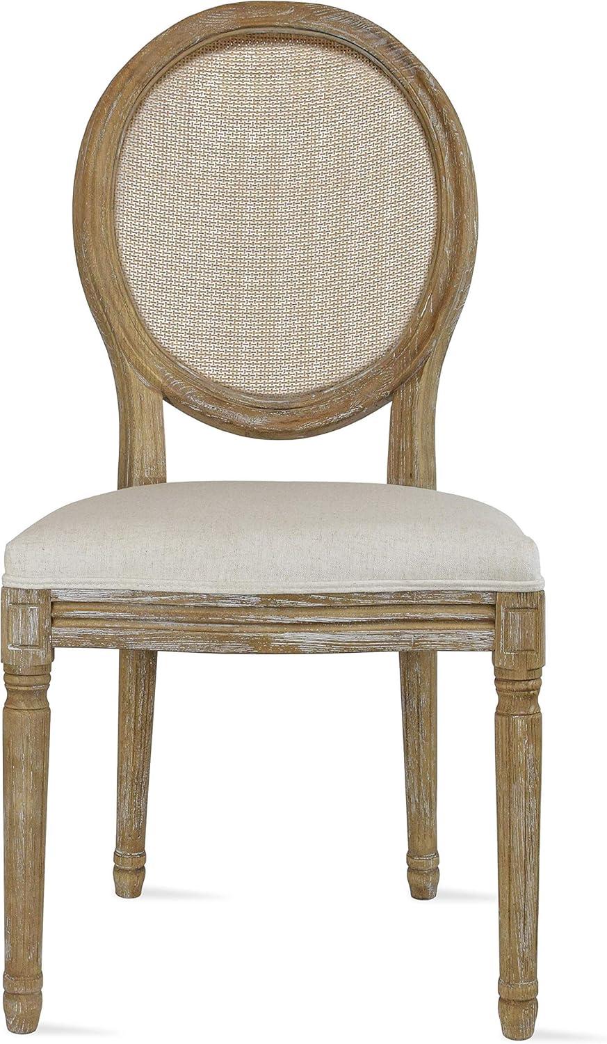 2xhome - French Chic Vintage Style Dining Side Chair With Upholstered Linen Welted Fabric And Elegant Natural Rustic Wood Frame - Rattan Wicker Oval Back, Set of 1, 1 piece
