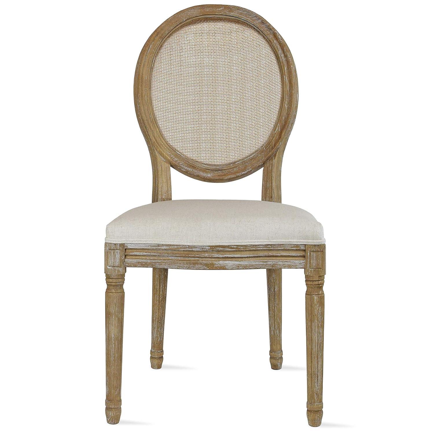 2xhome - French Chic Vintage Style Dining Side Chair With Upholstered Linen Welted Fabric And Elegant Natural Rustic Wood Frame - Rattan Wicker Oval Back, Set of 1, 1 piece