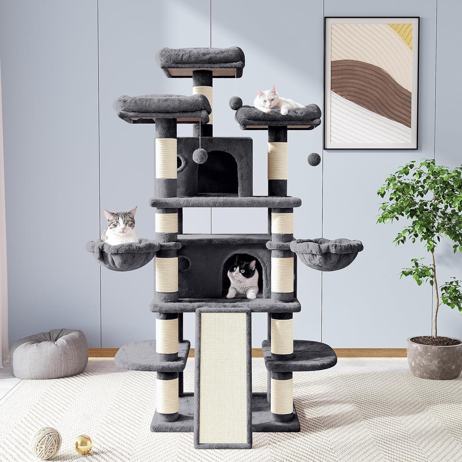 Smokey Grey 68" Multi-Level Cat Tree with Sisal Scratching Posts