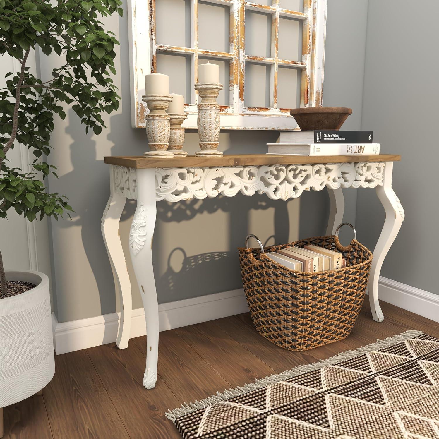 Wood Parisian Design Floral Ornate Detailing Console Table White - Olivia & May