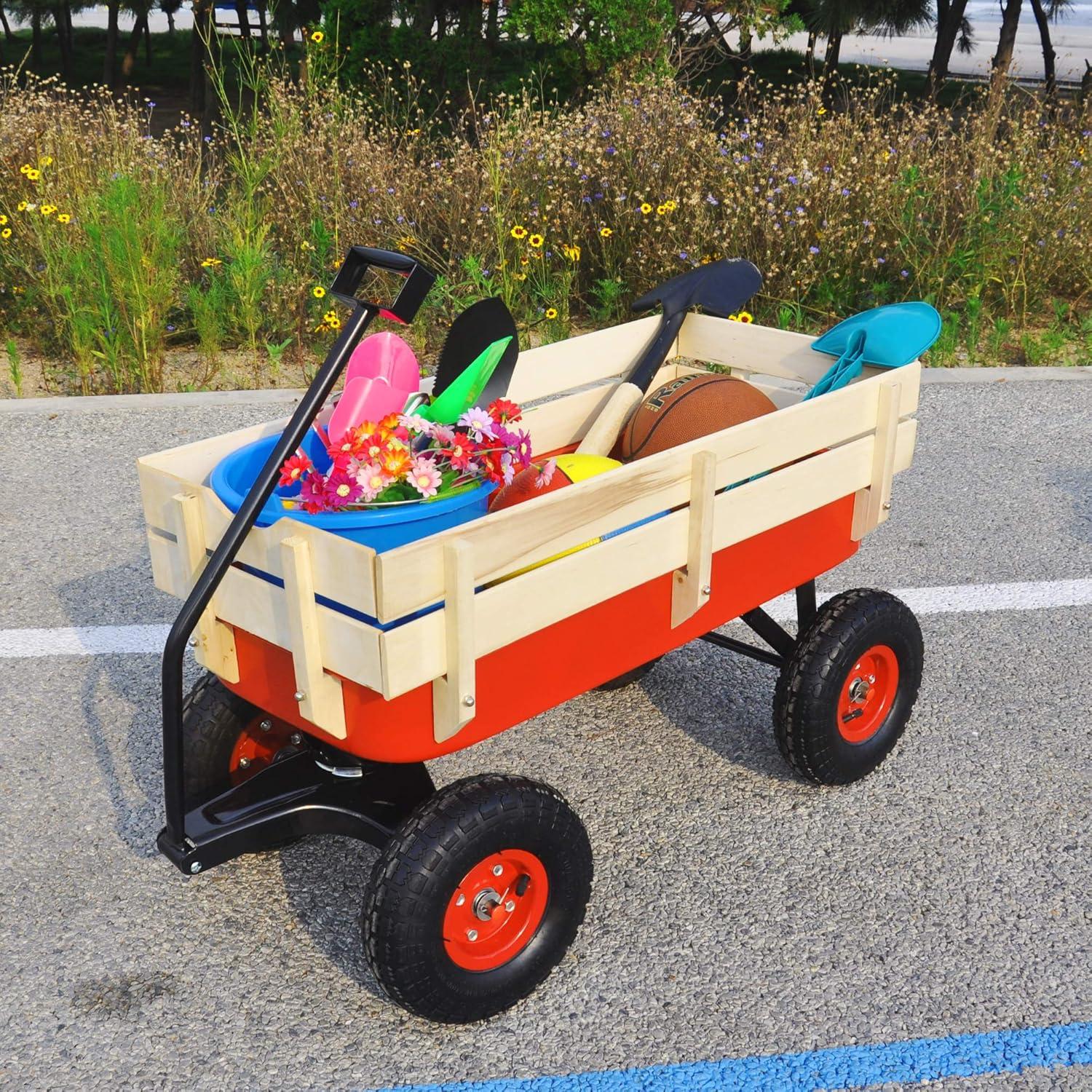 Red Iron Frame Outdoor Wagon with Wooden Panels