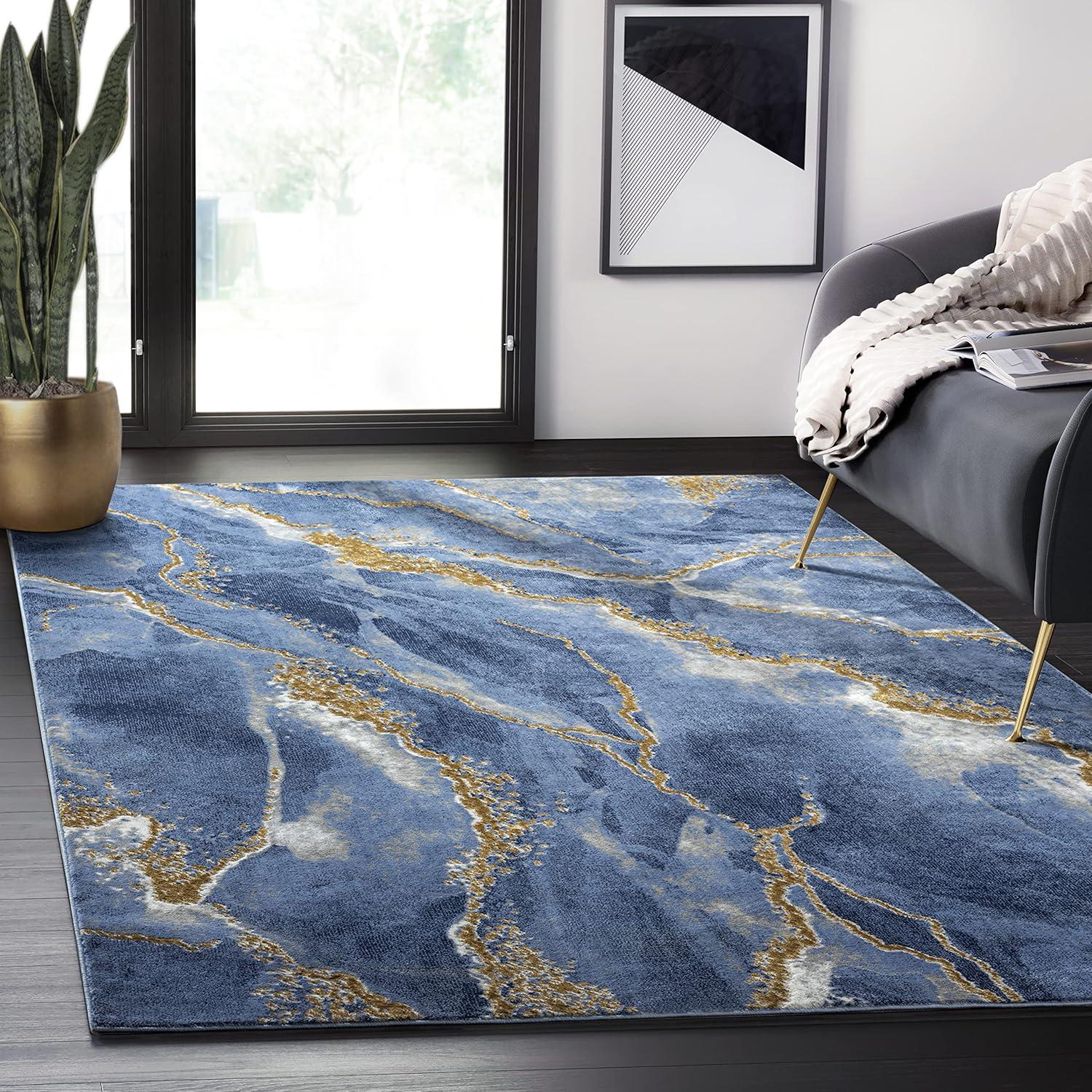 Luna Marbled Blue 6' x 9' Easy-Care Synthetic Area Rug