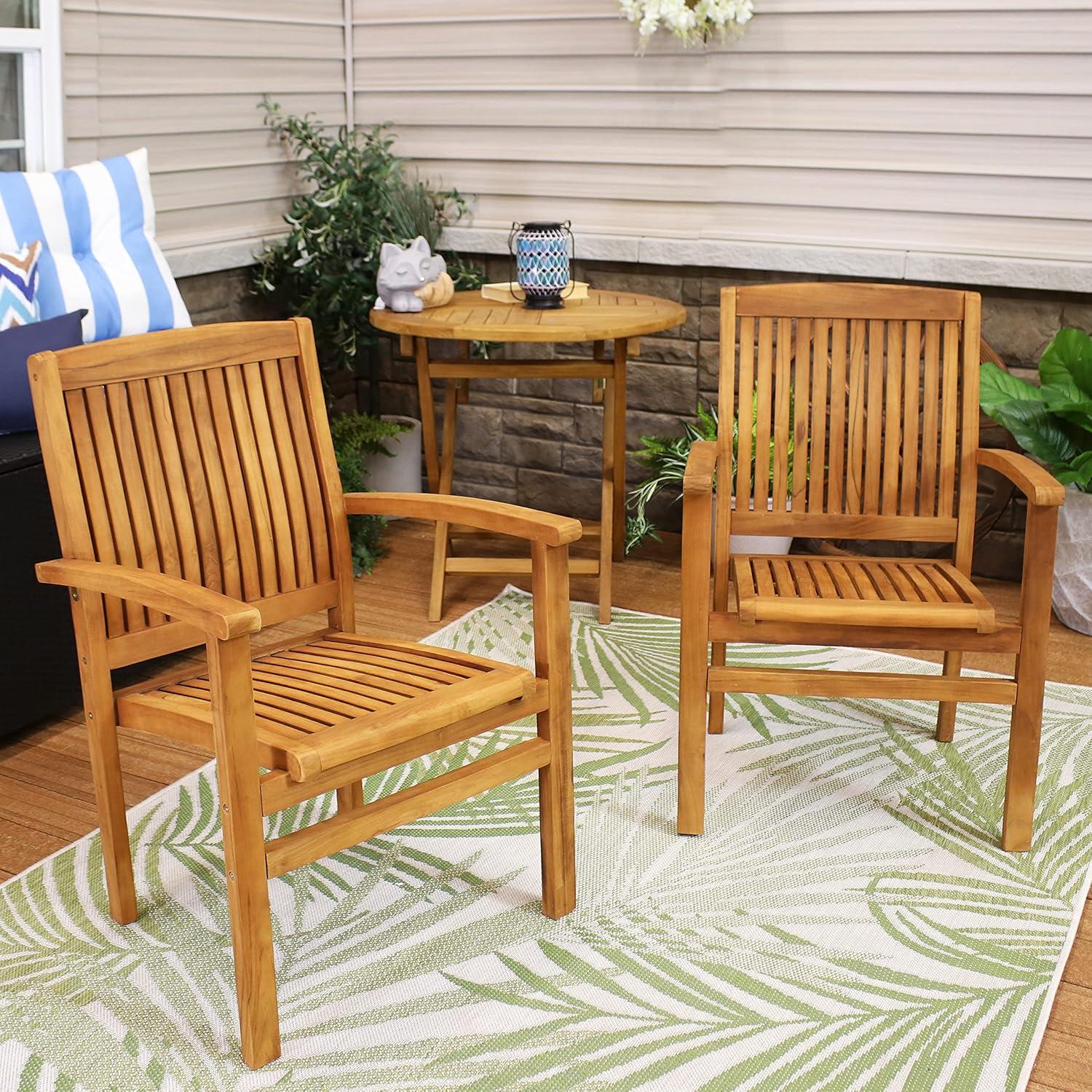 Sunnydaze Teak Wood Slat-Back Patio Dining Armchairs Set