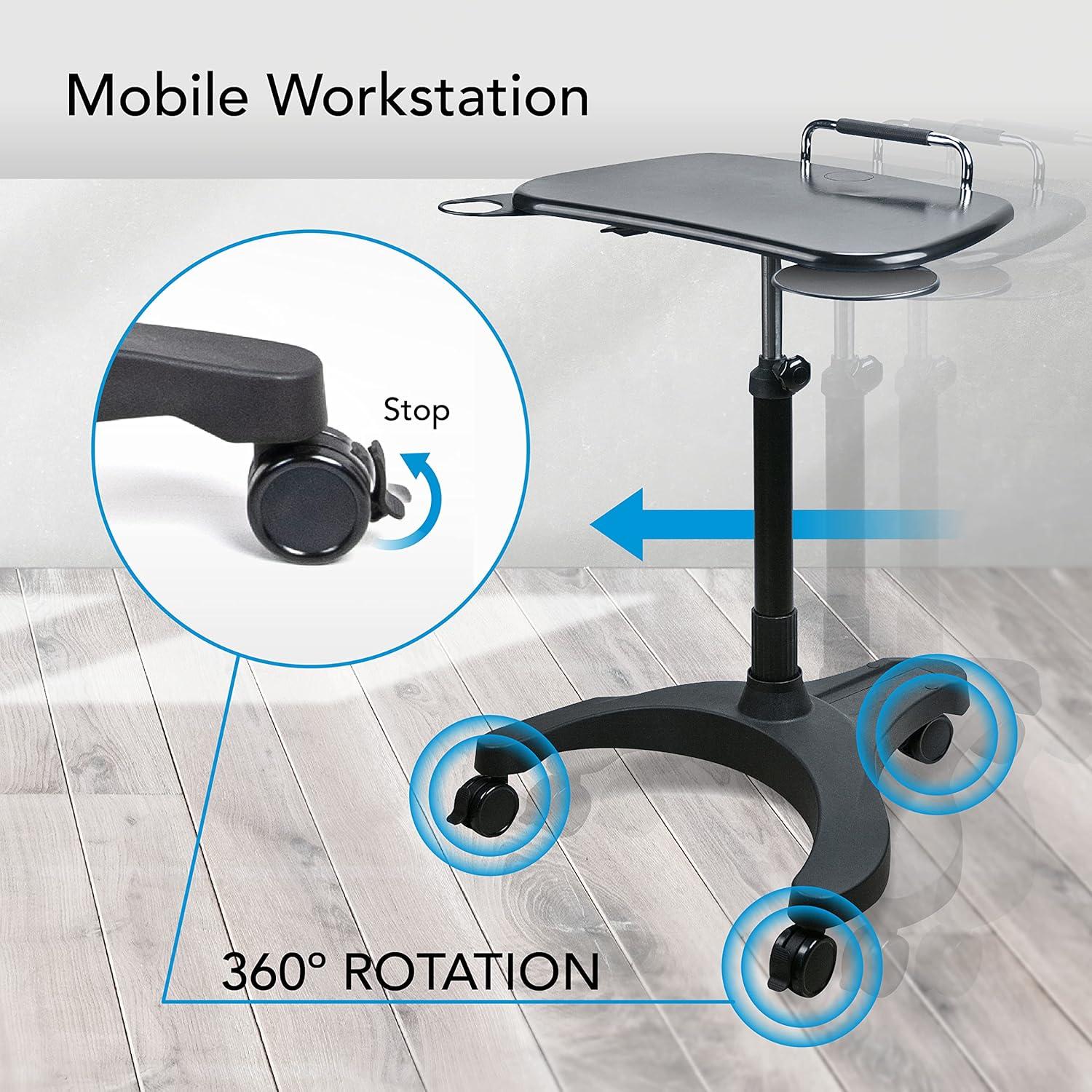 Black Adjustable Height Mobile Laptop Desk Cart with Cup Holder