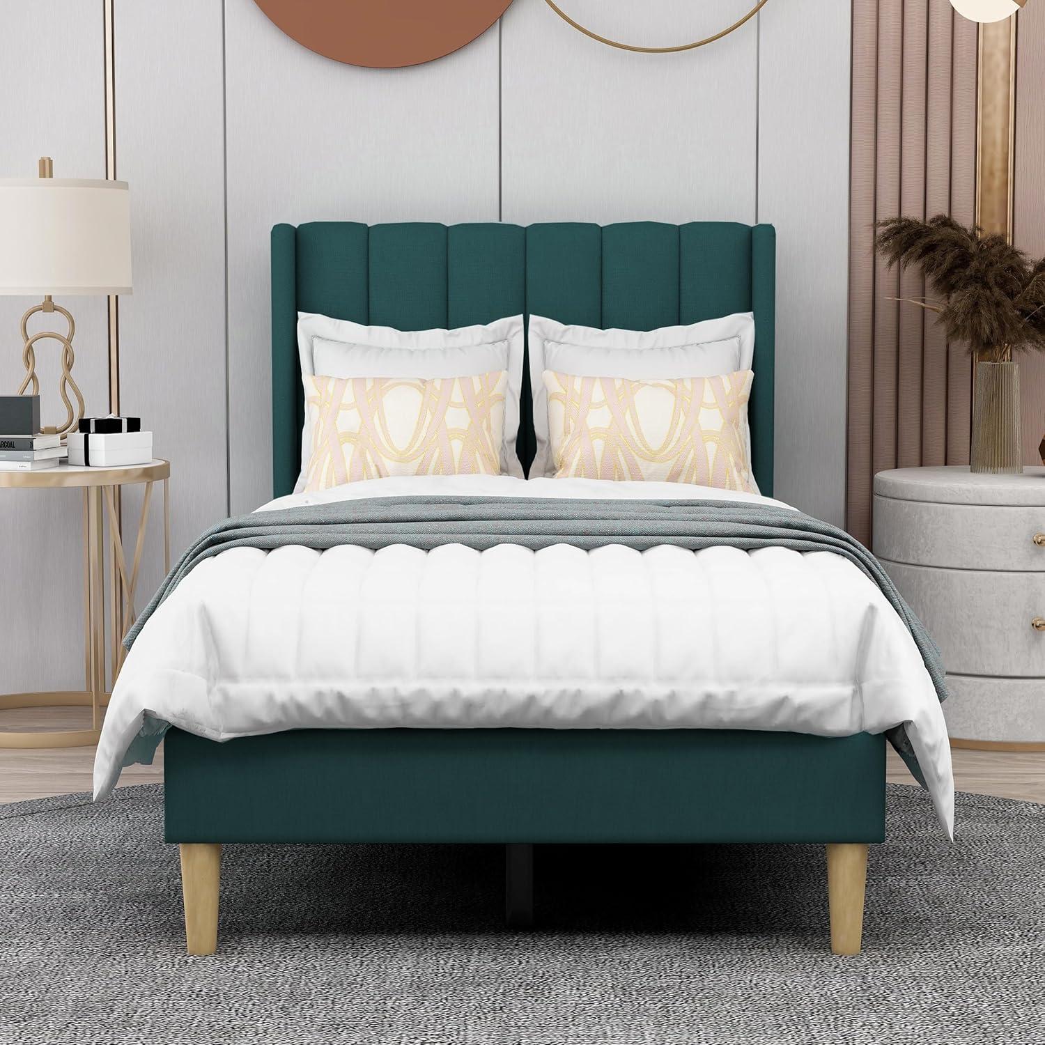 Twin Green Velvet Upholstered Platform Bed with Wingback Headboard