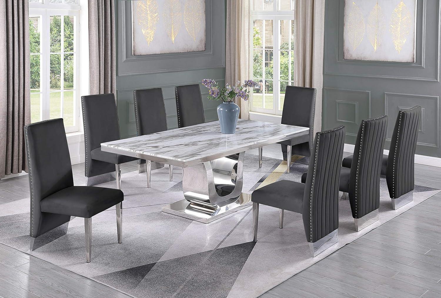 Silver Stainless Steel 9 Piece Dining Set with Marble Table and Gray Chairs