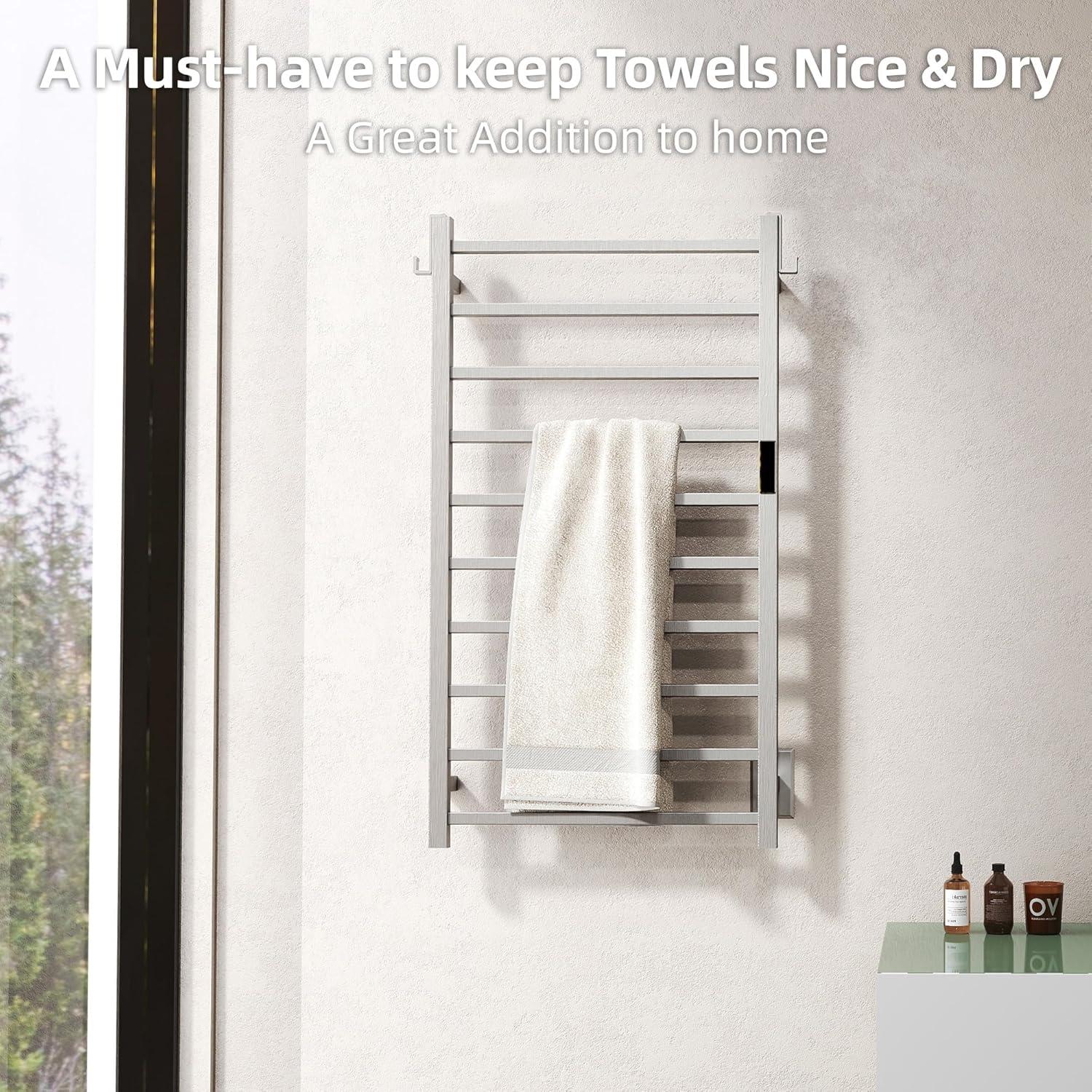 P&Bhusri Towel Warmer, 10-Bar Heated Towel Rack for Bathroom, Electric Towel Warmer with Timer & Temperature Multi-Level Adjustments, Brushed, Plug-in/Hard-Wired