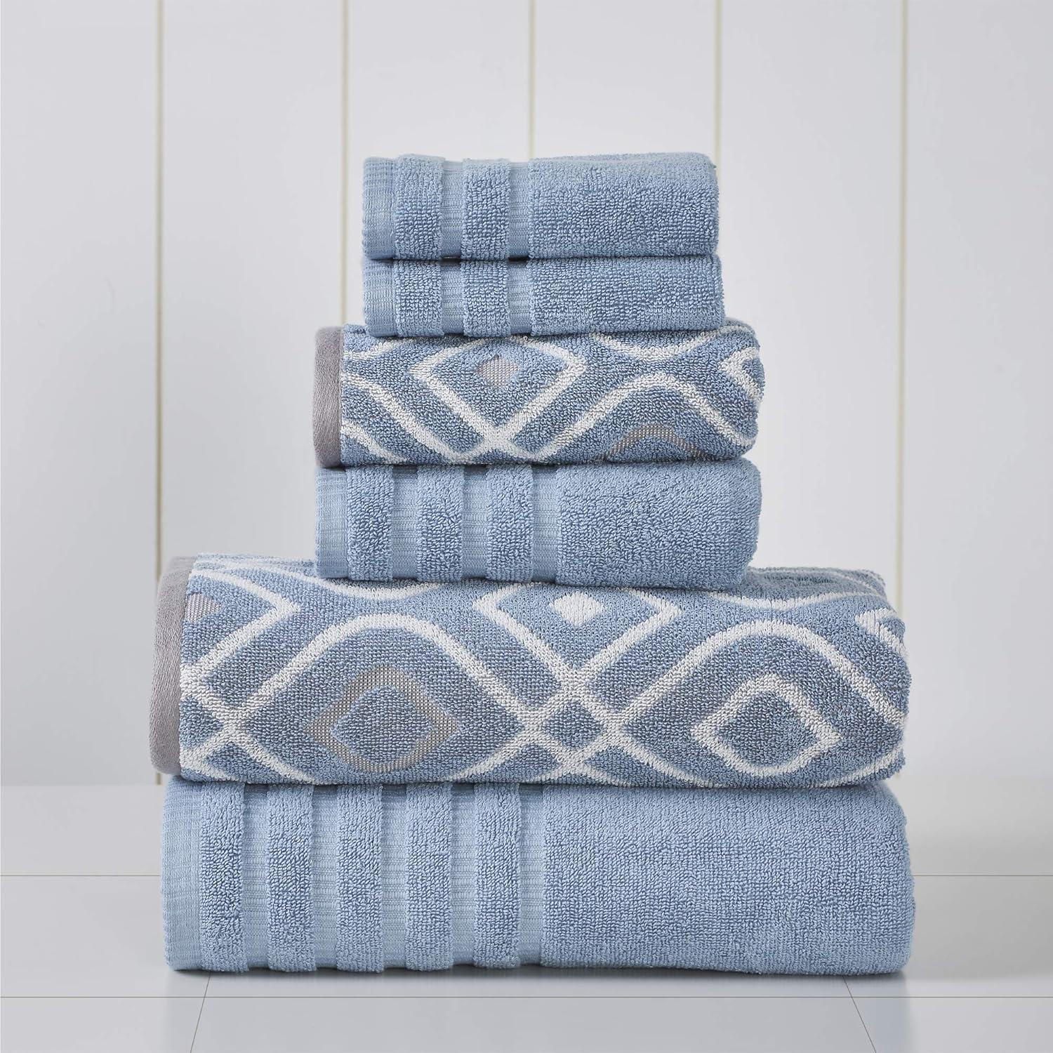 Modern Threads 6 Piece Set, 2 Bath Towels, 2 Hand Towels, 2 Washcloths Yarn Dyed Jacquard/Solid Towel Set Oxford