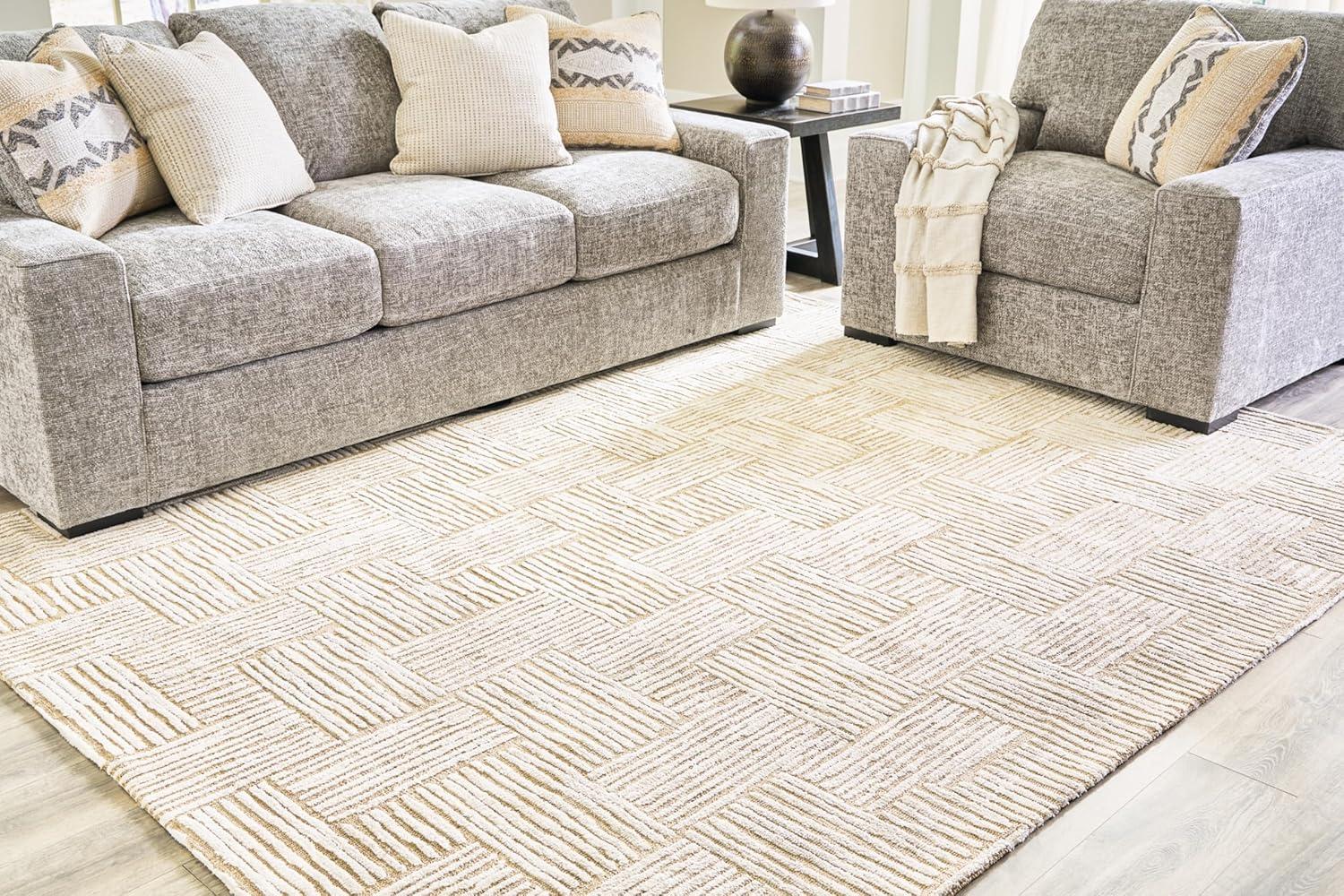 Benjara Aden 8 X 10 Large Area Rug, Handwoven Basket Weave Design, Beige Polyester