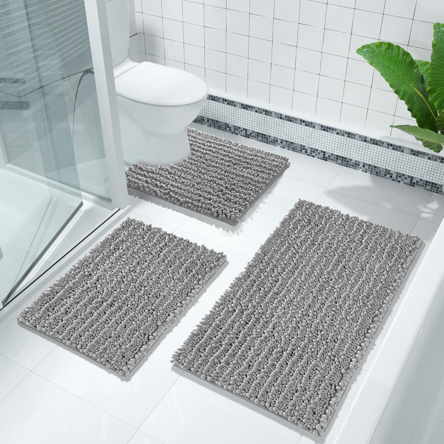 CHENHAINAN Bathroom Rug Mat, 24'' x 17'', Luxury Chenille Shaggy Bath Rugs, Extra Soft & Thick, Absorbent Water, Non-Slip, Machine Washable, Bath Mats for Bath Floor,Tub and Shower, Gray