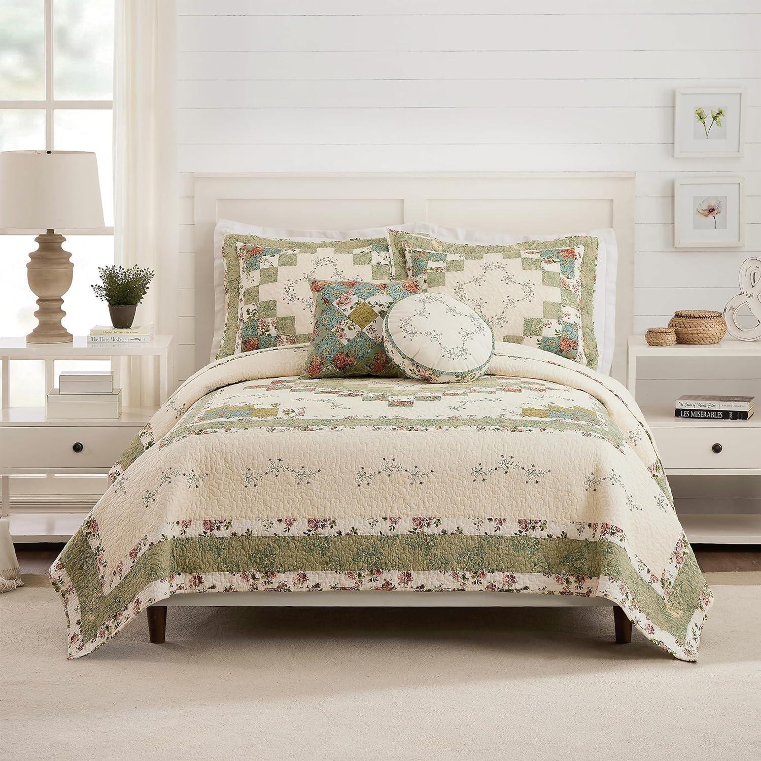 Olivia Green Floral Cotton Full Quilt Set