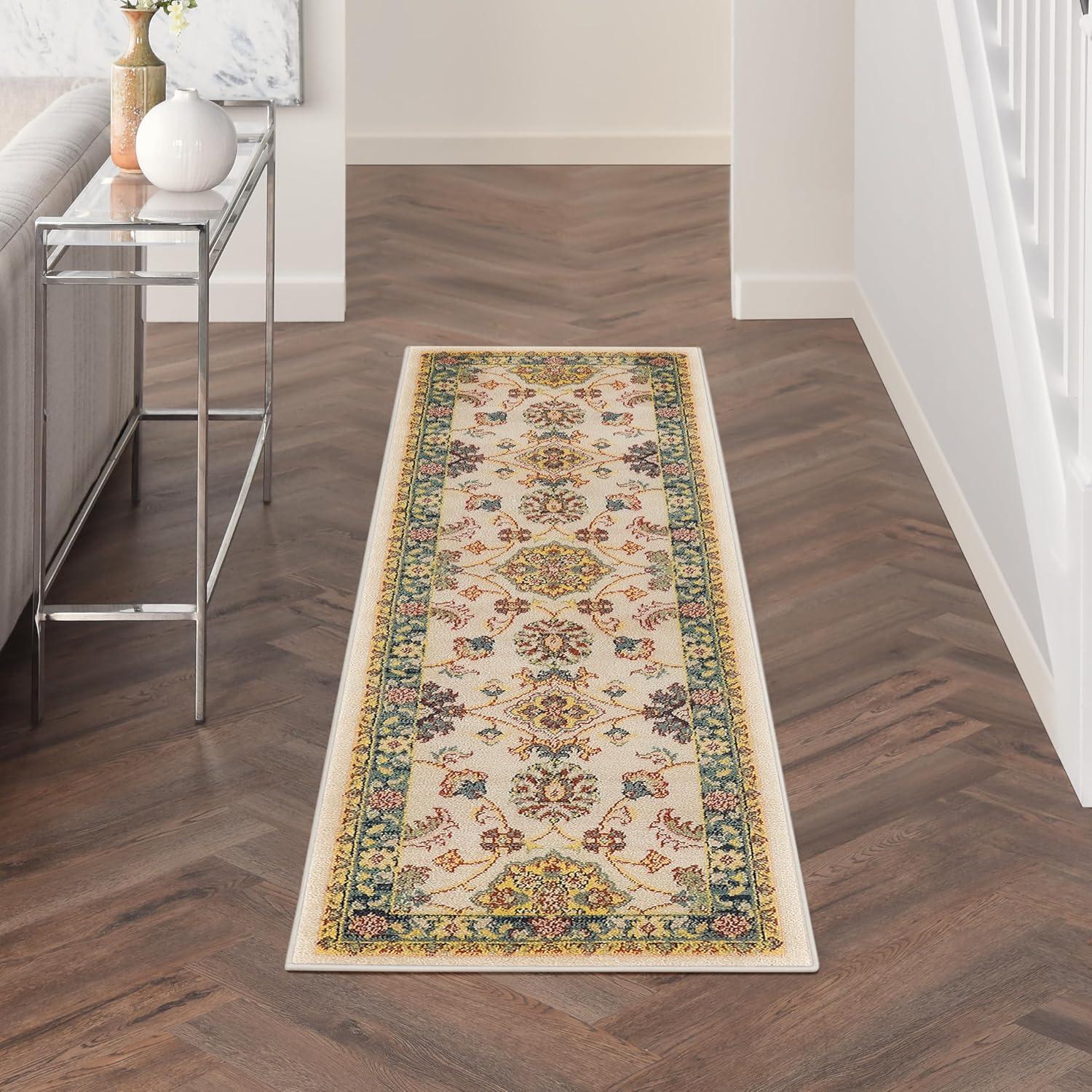 Nourison Essentials Floral Persian Indoor Outdoor Rug Ivory Gold 2'2" x 7'6"