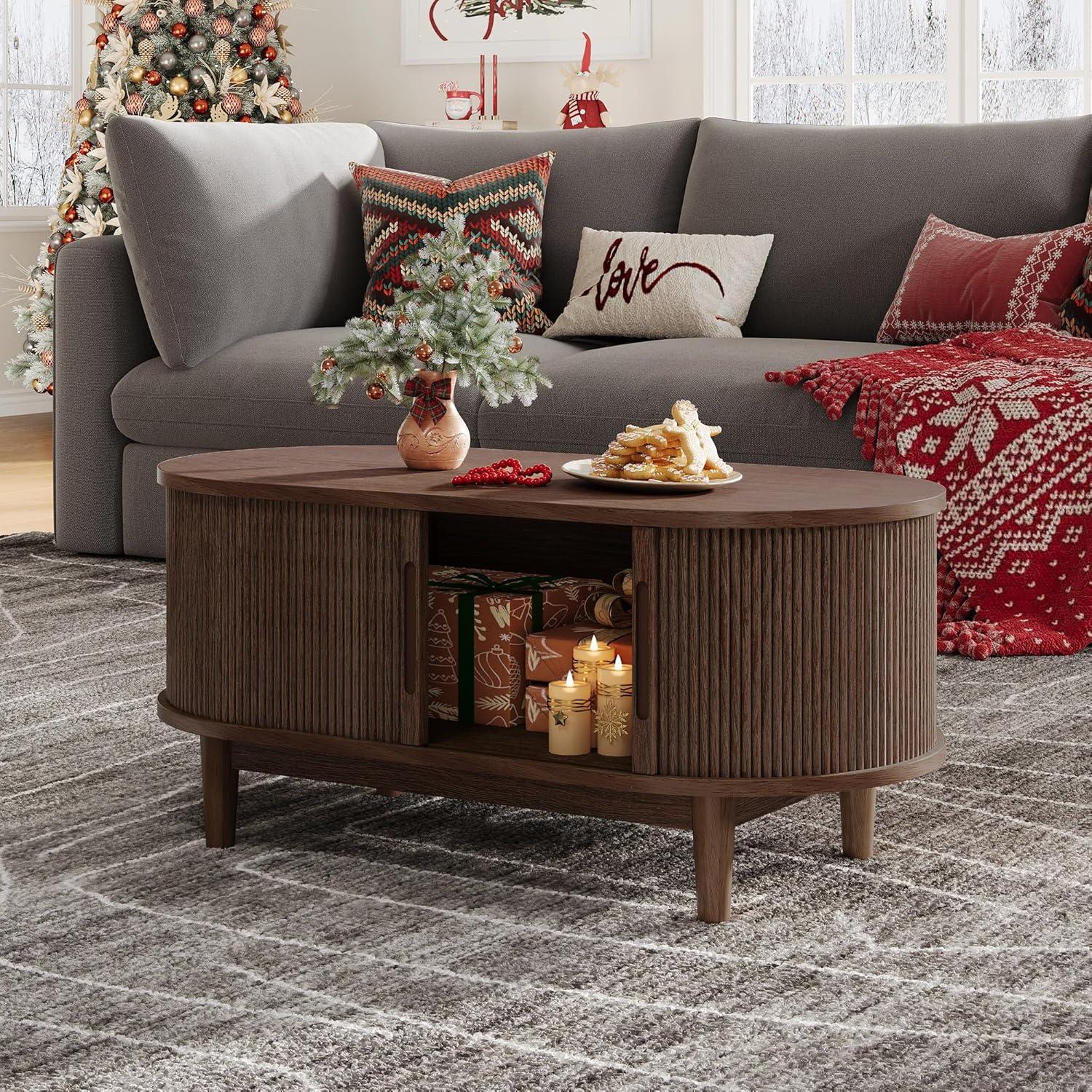 Fluted Coffee Table with Storage, Mid-Century Coffee Table for Living Room