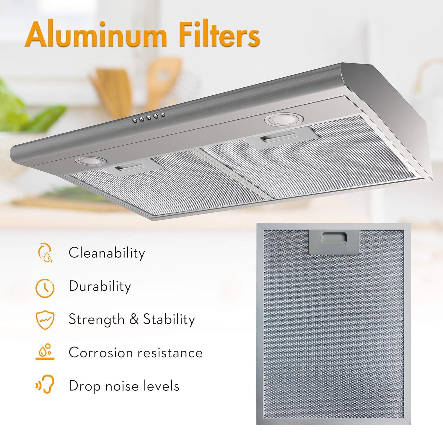 FIREGAS 36 inch Under Cabinet Range Hood 300CFM with Ducted/Ductless Convertible, Slim Kitchen Over Stove Vent, 3 Speed Exhaust Fan, Reusable Aluminum Filters, Push Button, Black