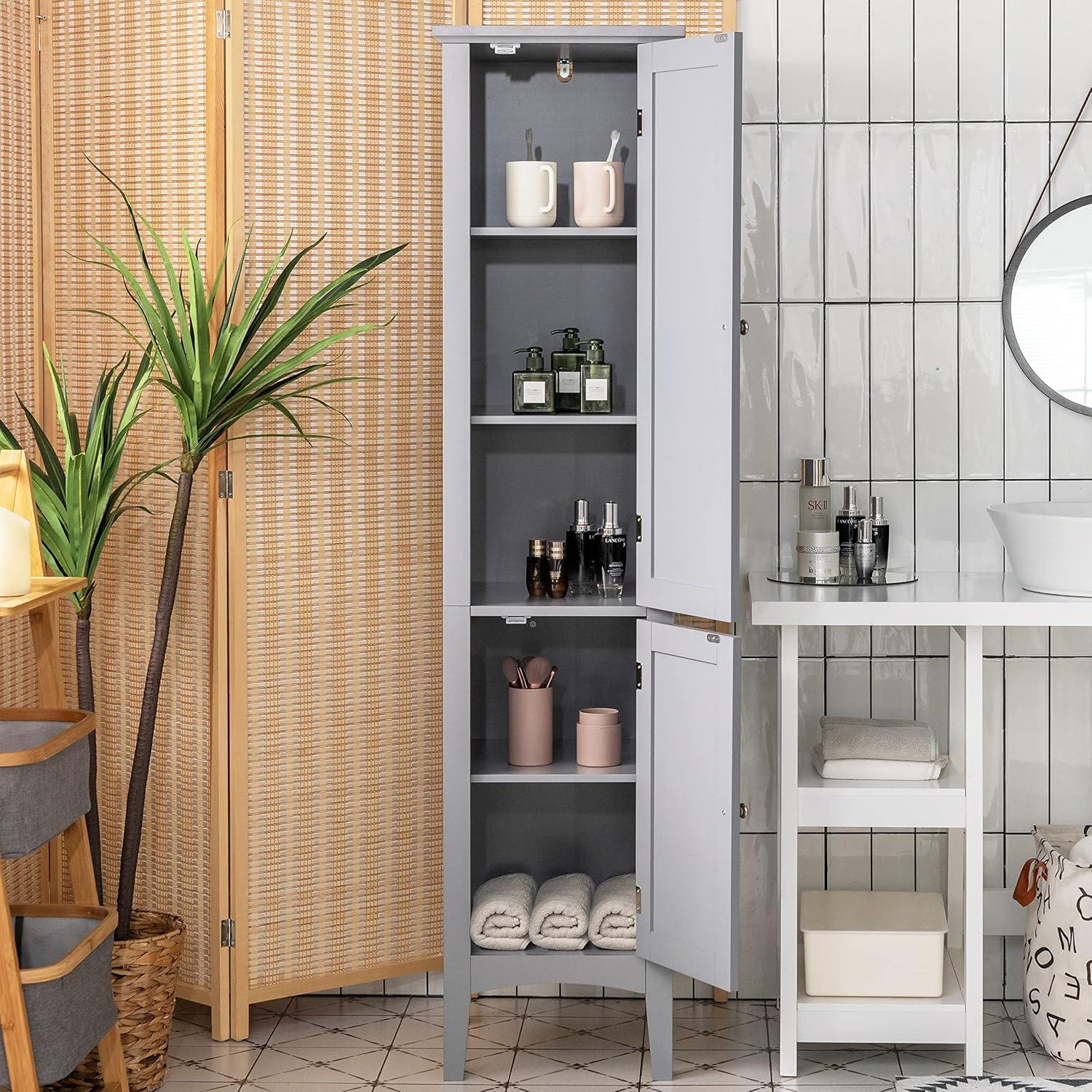 5 Tier  Freestanding Tower Cabinet Tall Bathroom Storage Cabinet Grey