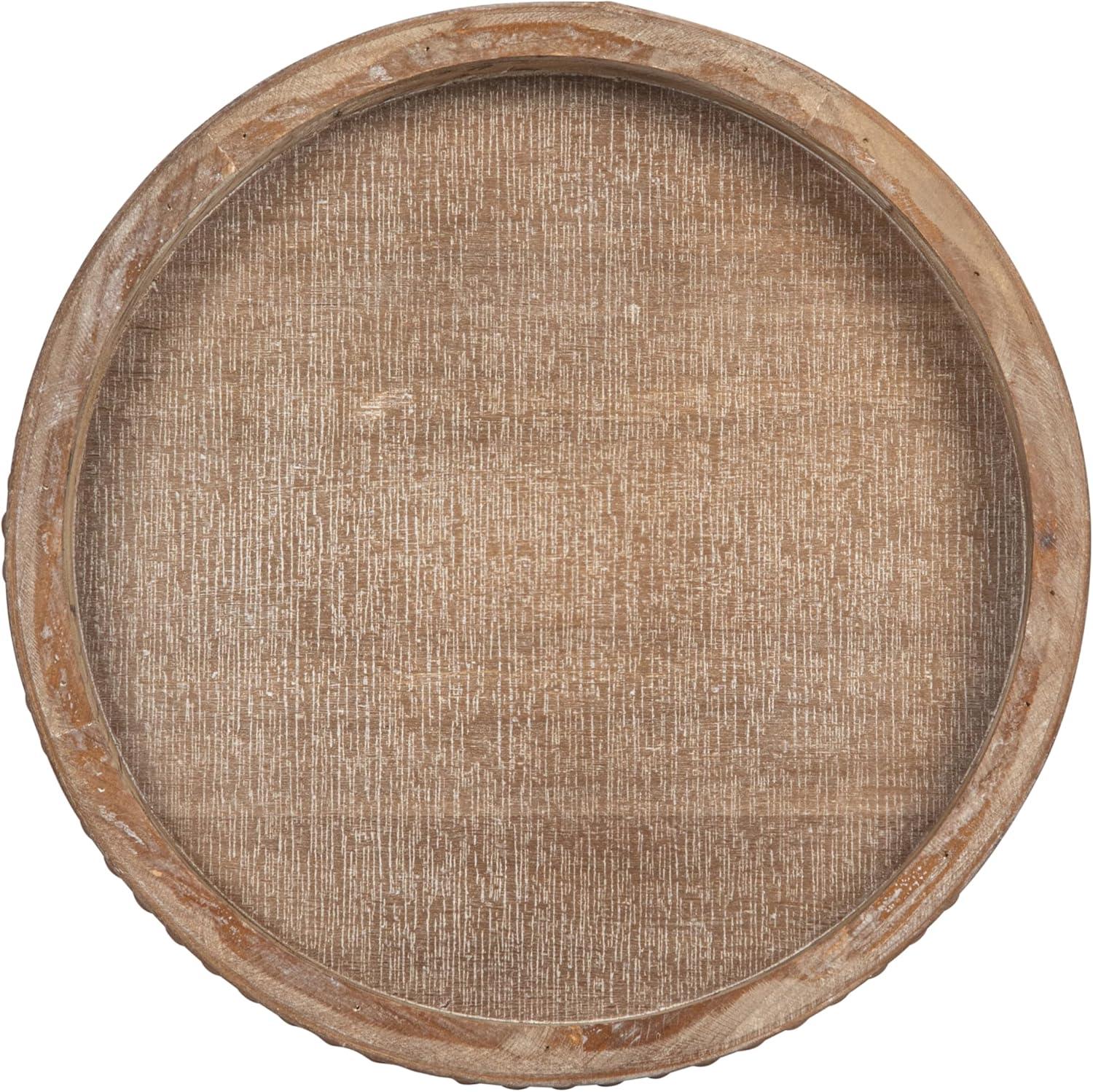 Whitewashed Round Decorative Wood Tray with Beaded Edge