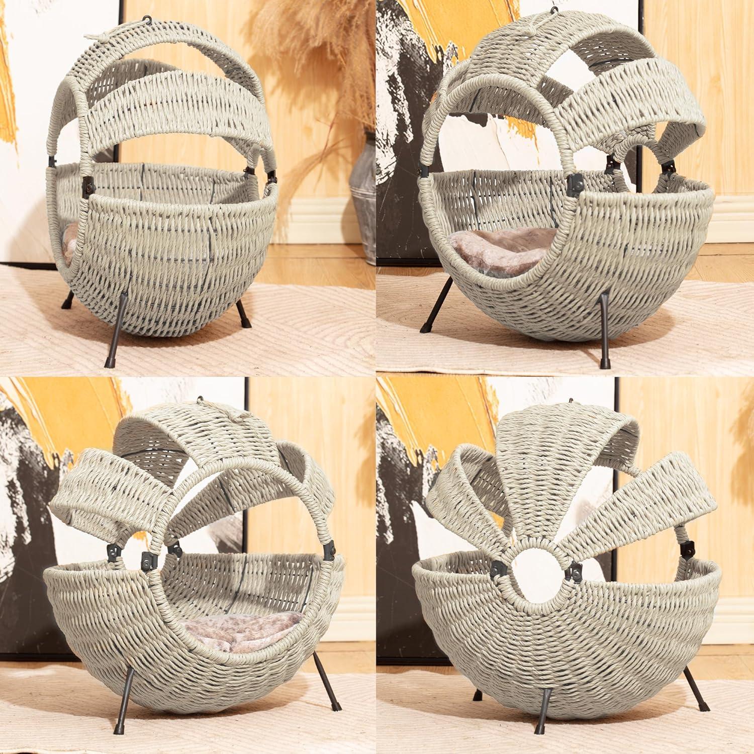 Rattan cat house with cushion,20.5",White Gray