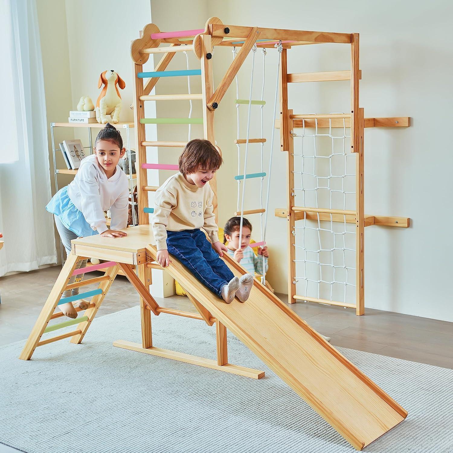 Avenlur Grove - Wood indoor 8-in-1 Wall Jungle Gym, Color