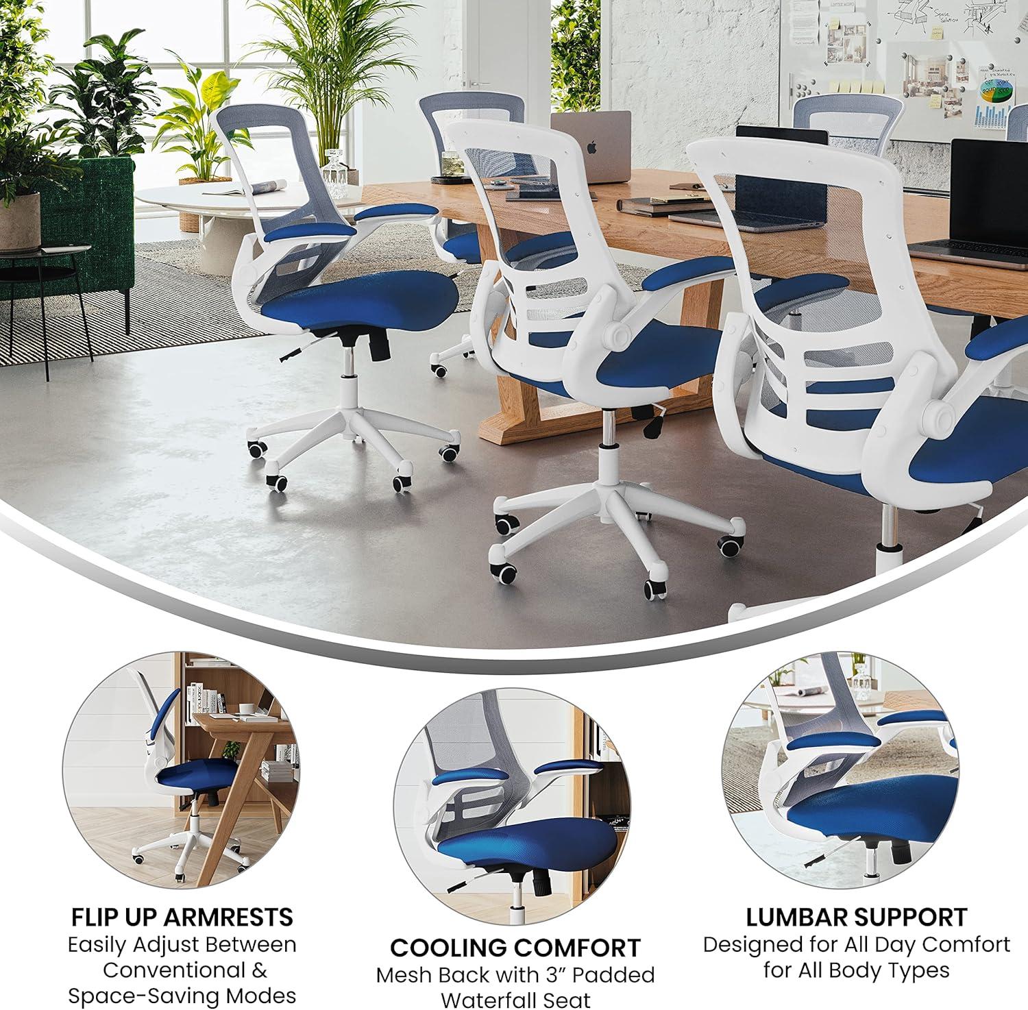 Flash Furniture Kelista Mid-Back Blue Mesh Swivel Ergonomic Task Office Chair with White Frame and Flip-Up Arms