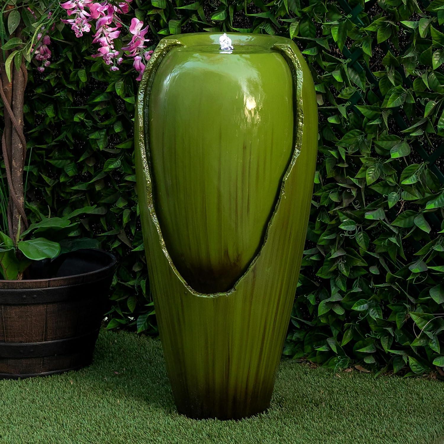 Green Antique Jar Outdoor Water Fountain with LED Lights
