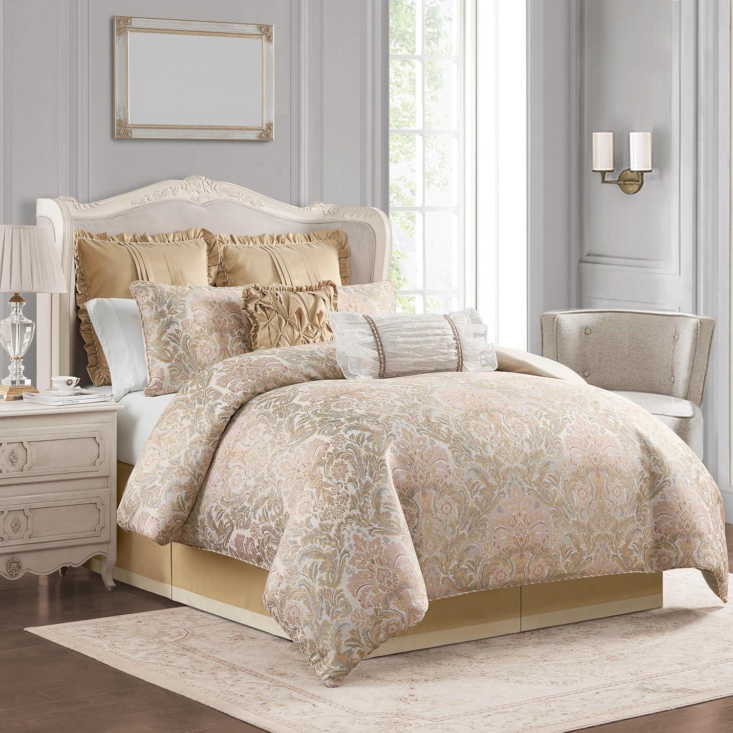 Oatmeal and Gold Jacquard King Bedspread Set