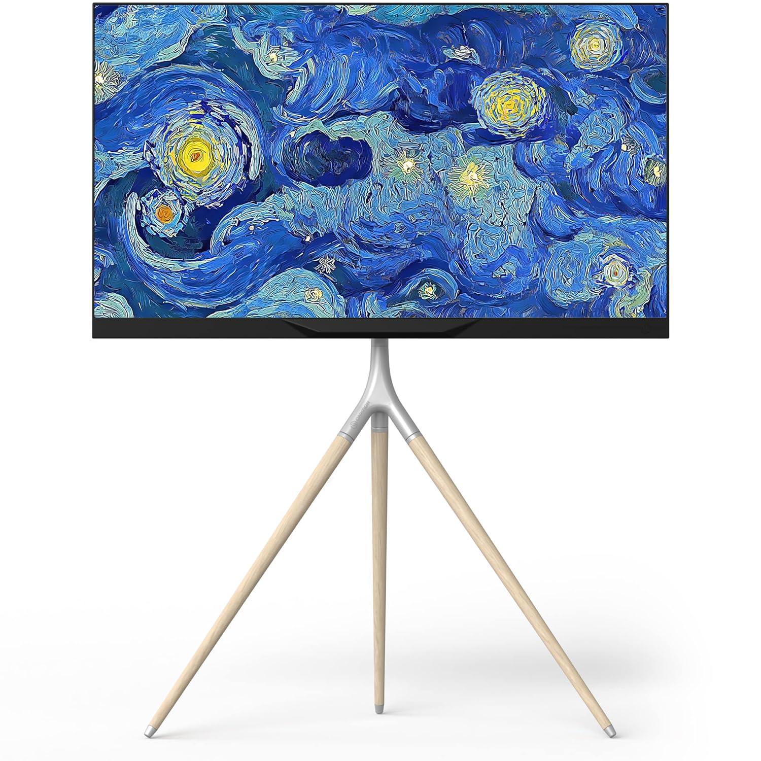 ONKRON Tripod TV Stand Wood for TVs up to 65" and 77 lbs, Swivel Floor Corner TV Stand Adjustable