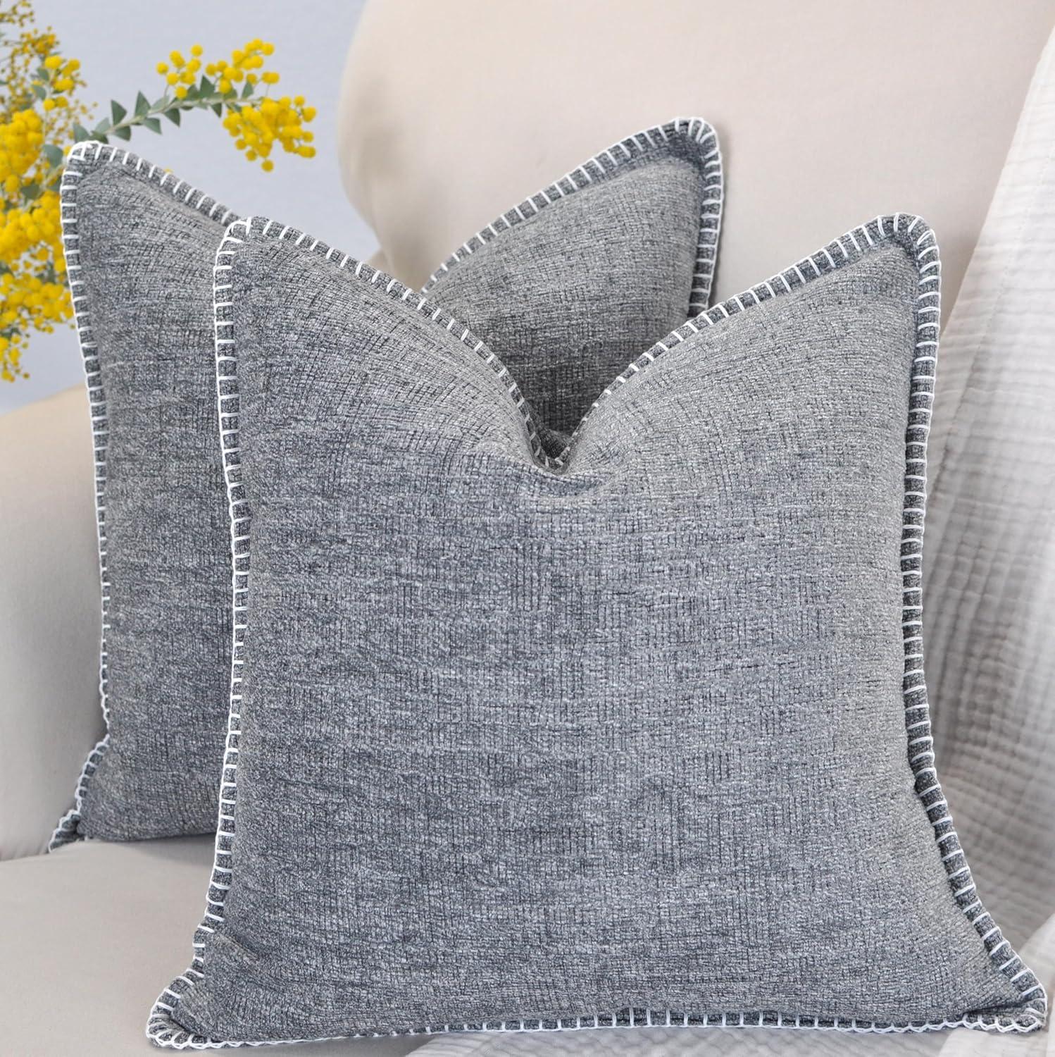 Soft Chenille Throw Pillow Covers With Stitched Edge (Set of 2)