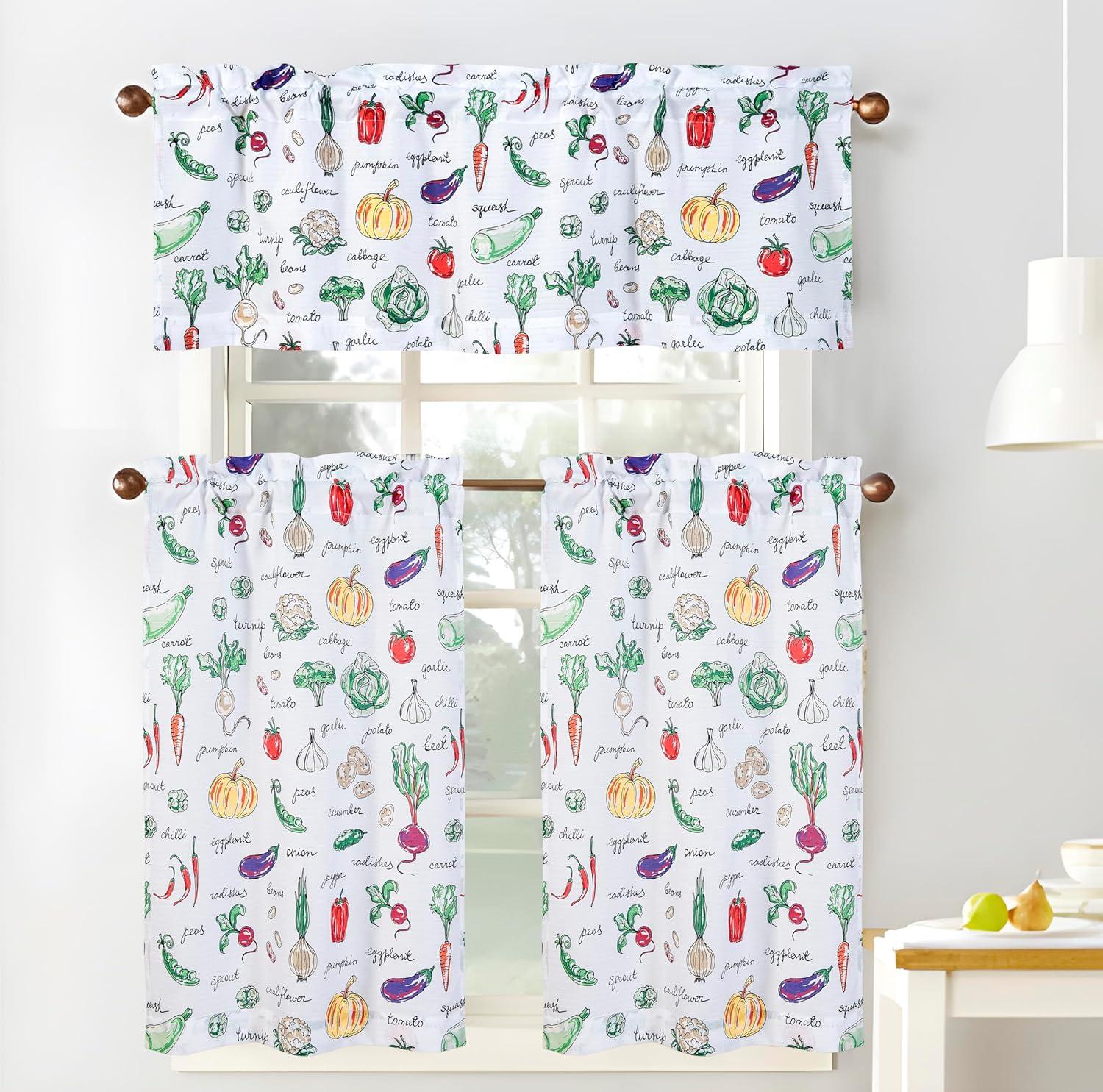 RT Designer's Collection Tribeca Vegetables Printed 3 Pieces Kitchen Curtain Set Includes 1 Valance 52" x 18" and 2 Tiers 26" x 36" Each Multi Color