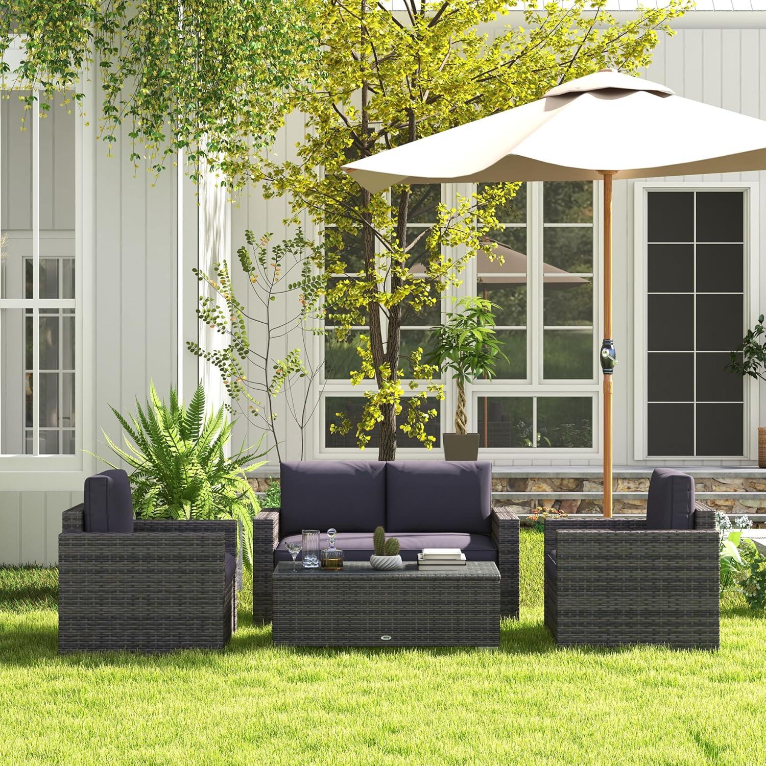 Outsunny 4-Piece Rattan Wicker Furniture Set, Outdoor Cushioned Conversation Furniture with 2 Chairs, Loveseat, and Glass Coffee Table, Gray