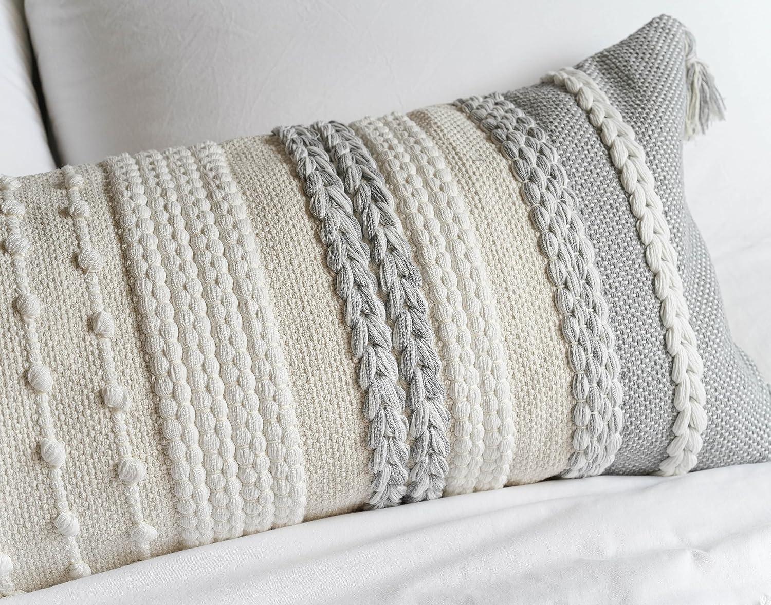 Gray and Cream Textured Boho Lumbar Throw Pillow