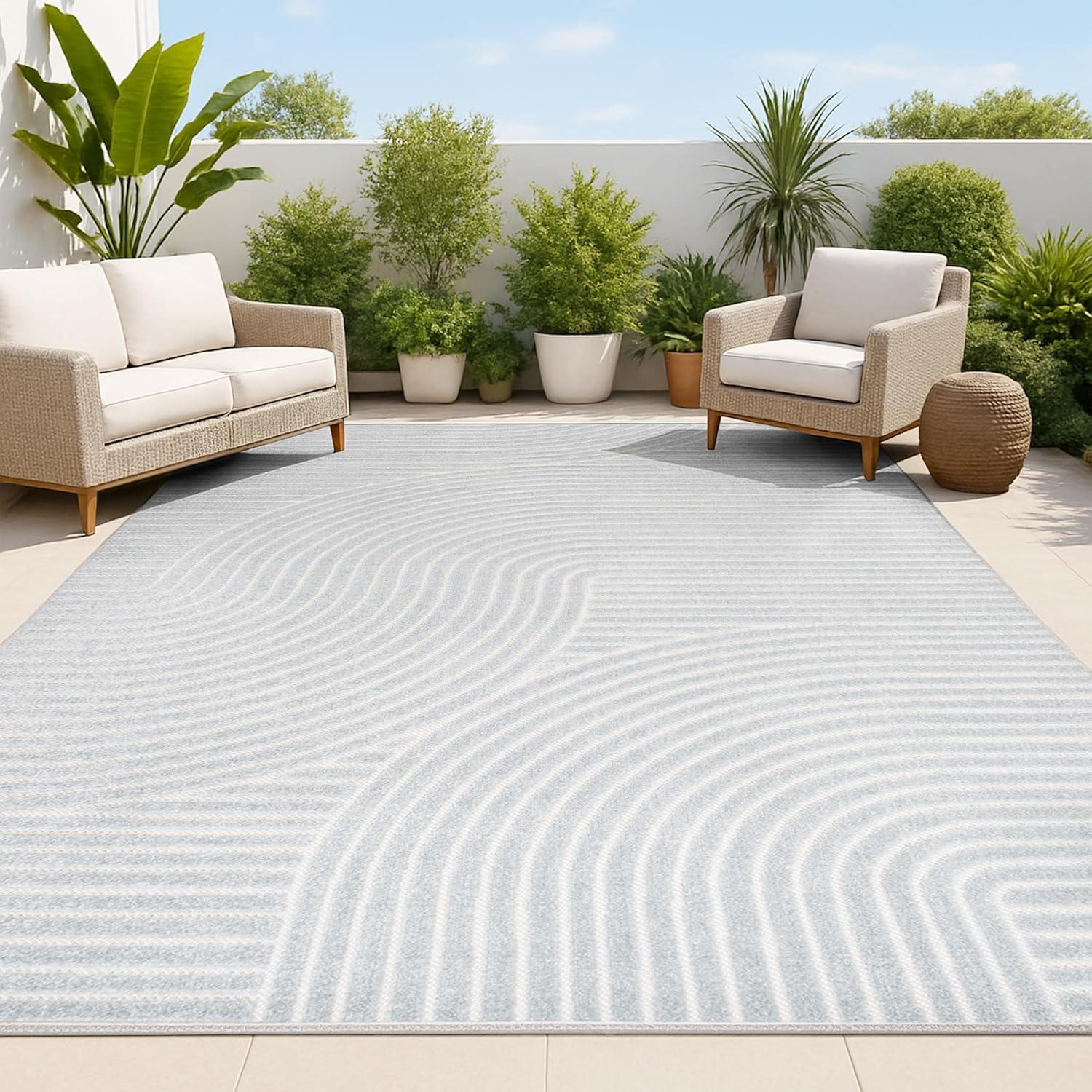 JONATHAN Y Hallie High-Low Minimalist Curve Geometric Light Blue/Cream 5 ft. x 8 ft. Indoor/Outdoor Area Rug