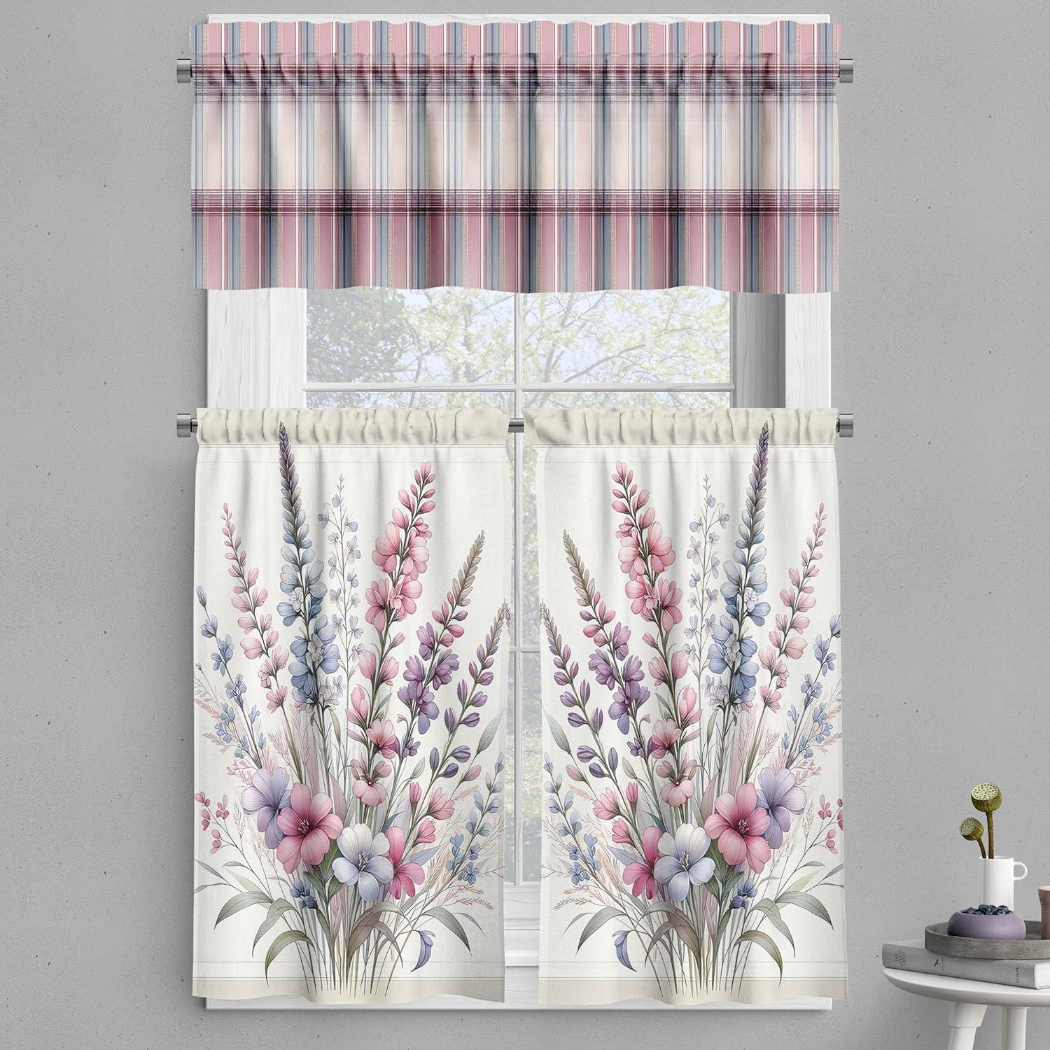 Floral and Plaid Light-Filtering Polyester Kitchen Curtain Set