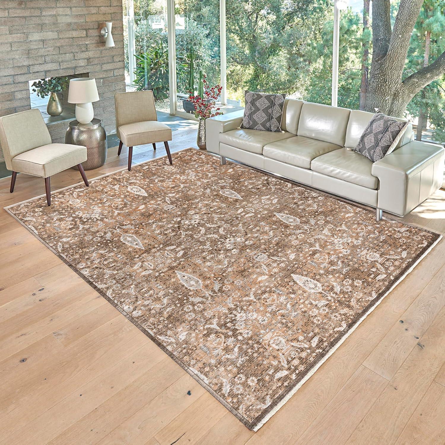 Gavi Brown and Beige Rectangular Synthetic Area Rug 9' x 12'