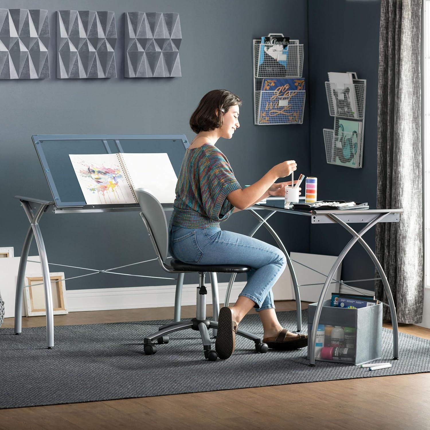 Inbox Zero Courson L-Shaped Glass Top Metal Base Drafting Table