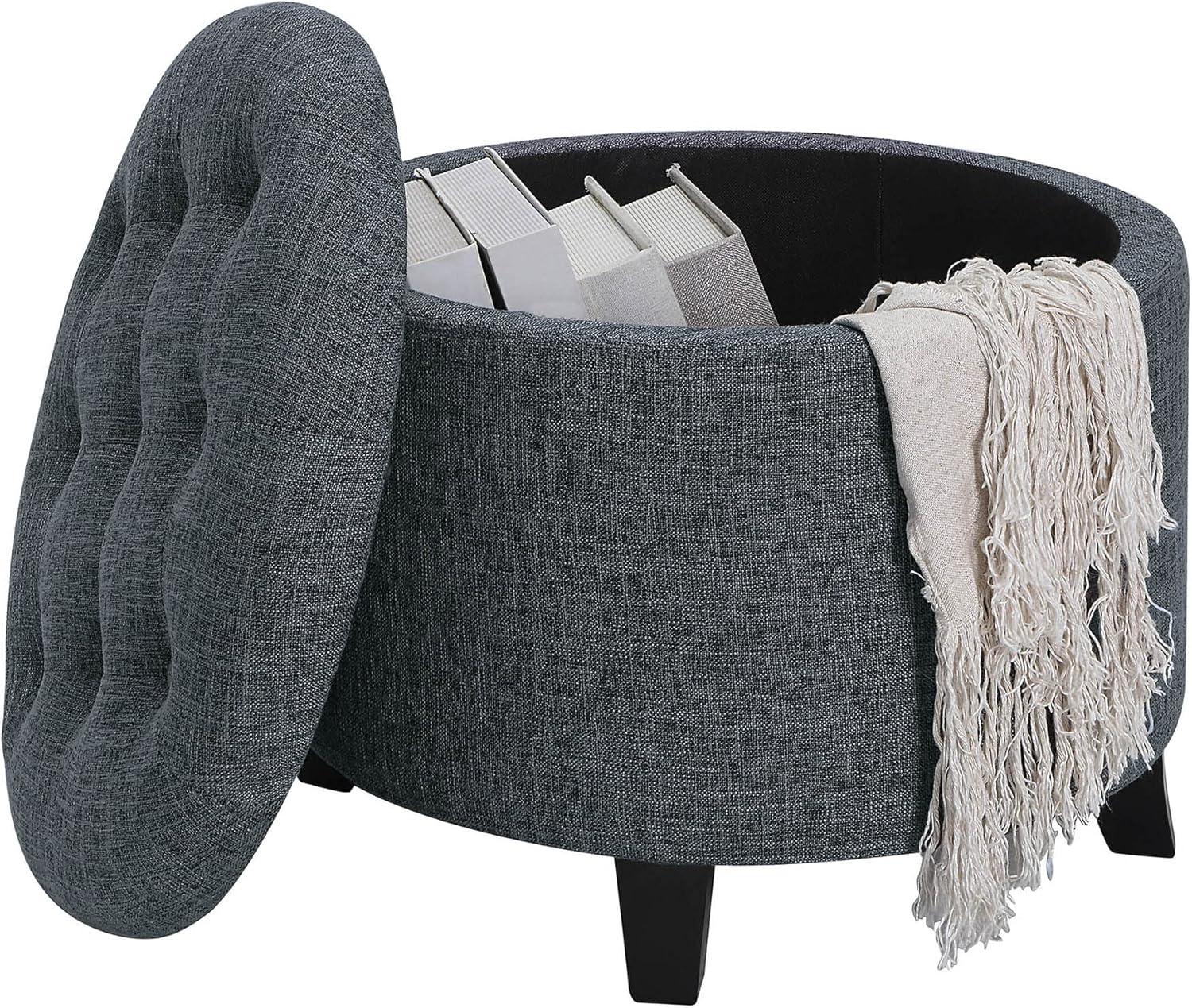 Stormy Gray Tufted Round Storage Ottoman with Dense Foam Cushion