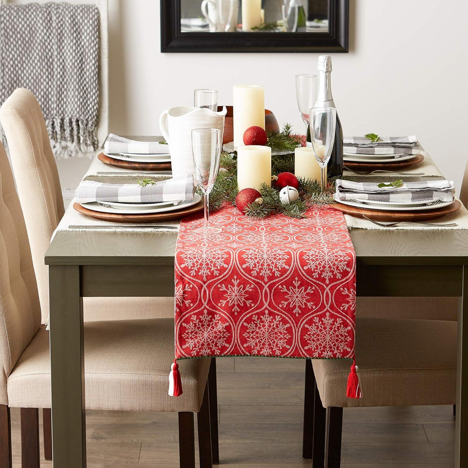 Joyful Snowflakes Red Cotton Winter Table Runner 14x72